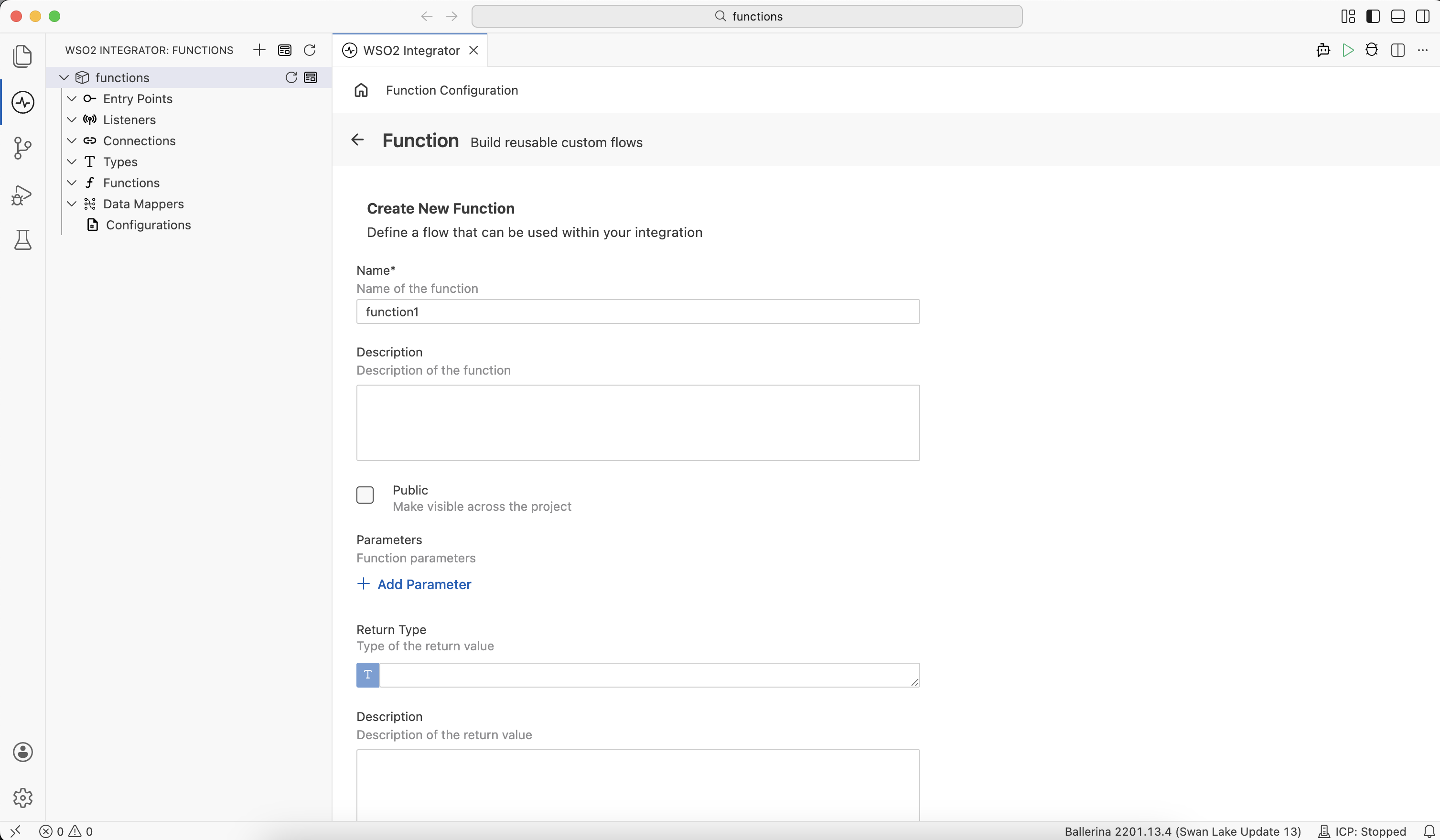Create New Function form with Name, Description, Public, Parameters, and Return Type fields