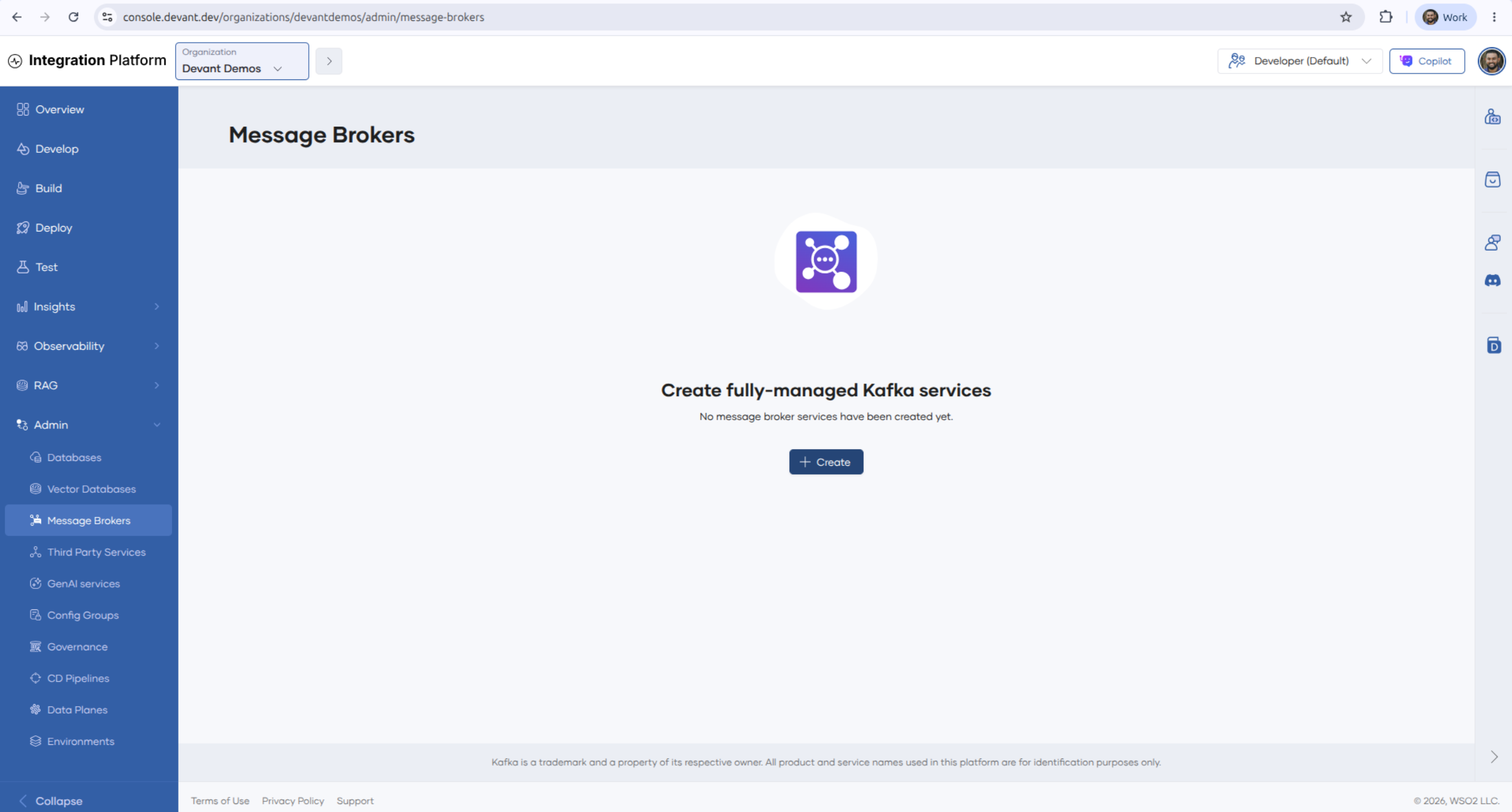 Message Brokers page with the Create button