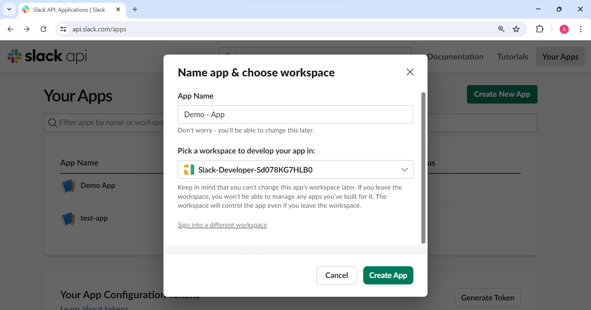 App name and workspace