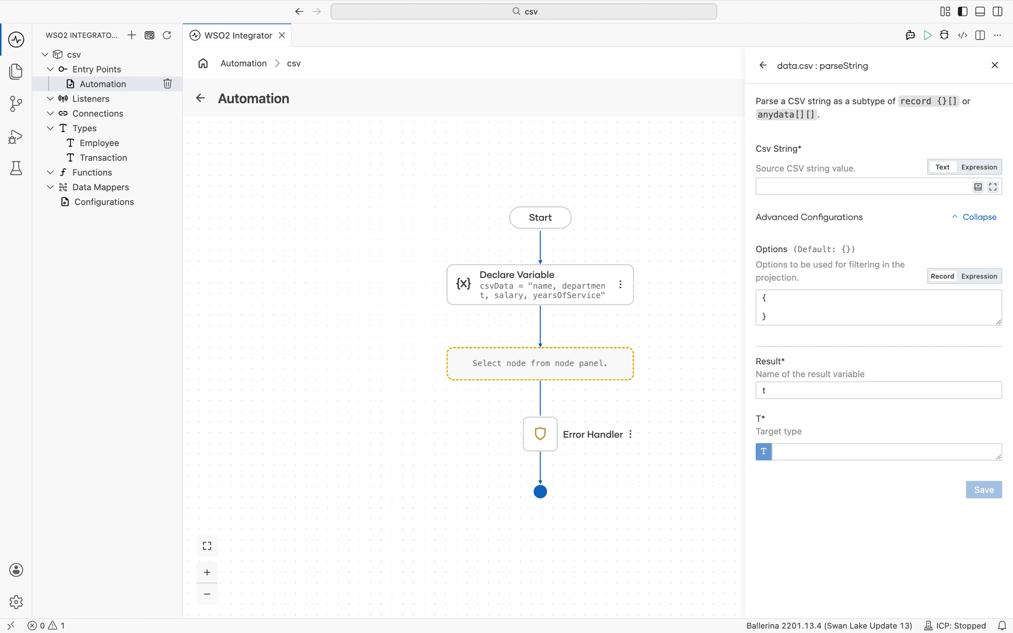 parseString step with the Options field visible under Advanced Configurations