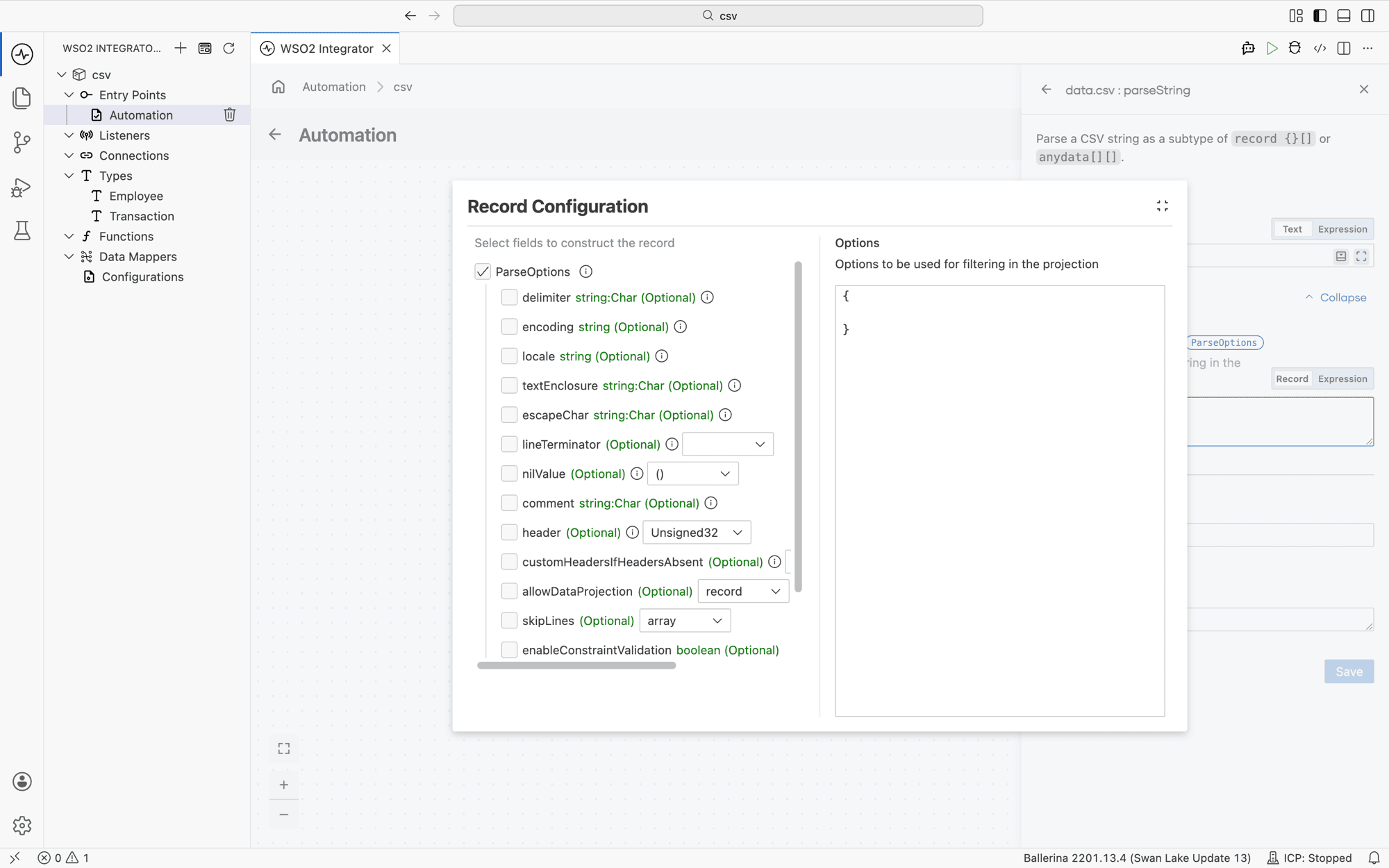 Record Configuration helper listing the available ParseOptions fields with checkboxes