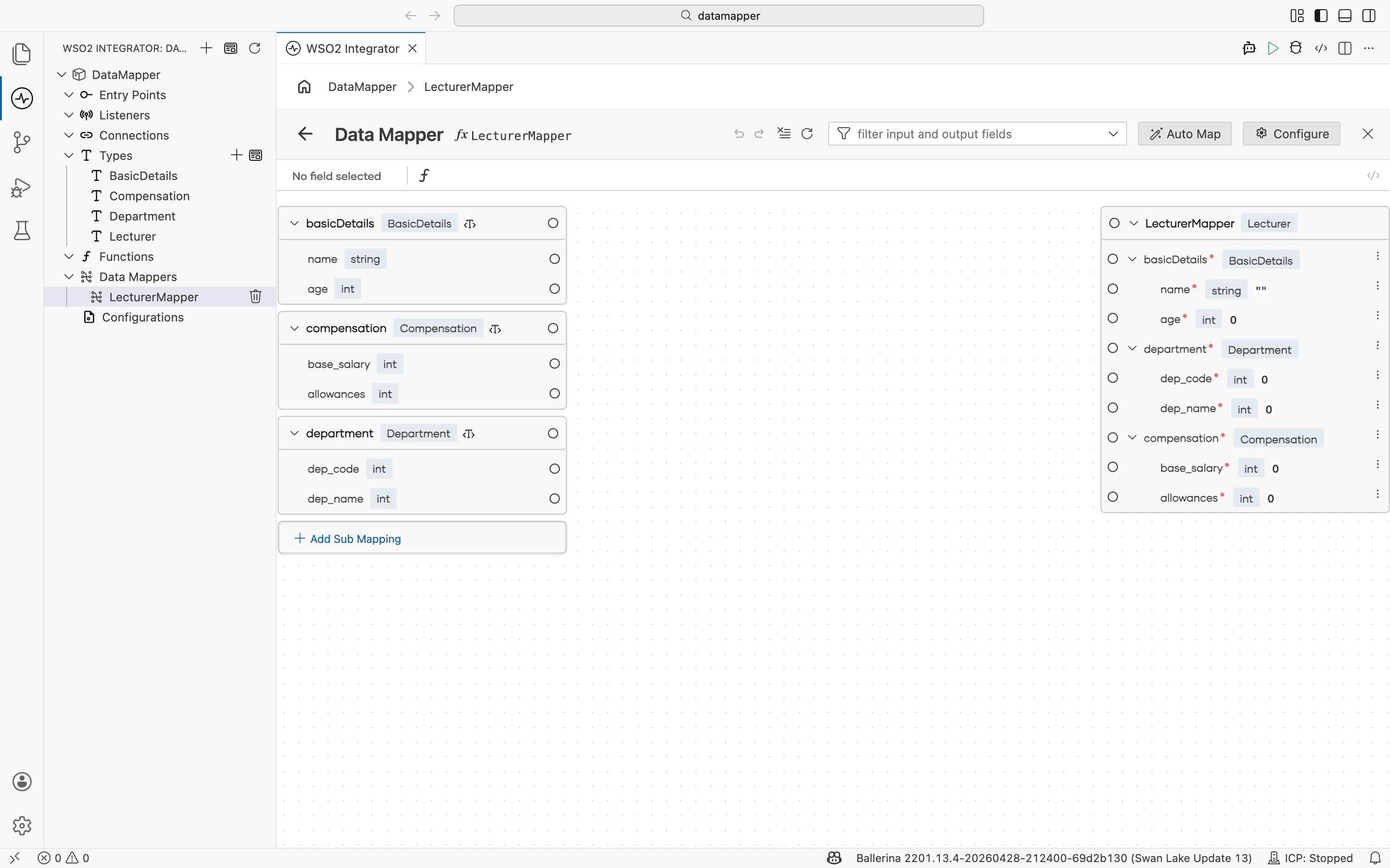 Data mapper canvas with input record on the left and output record on the right