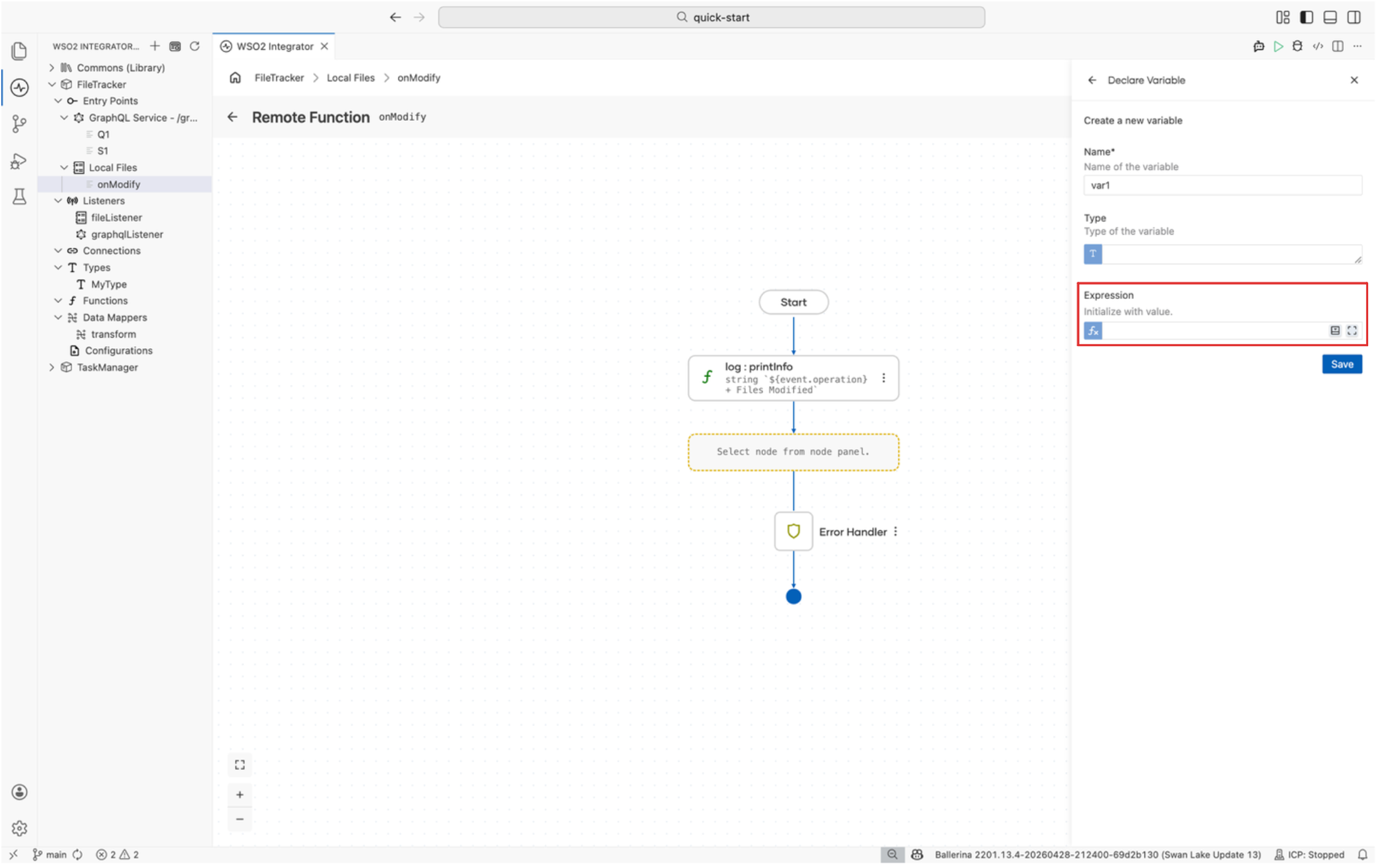 Expression editor in the Declare Variable panel