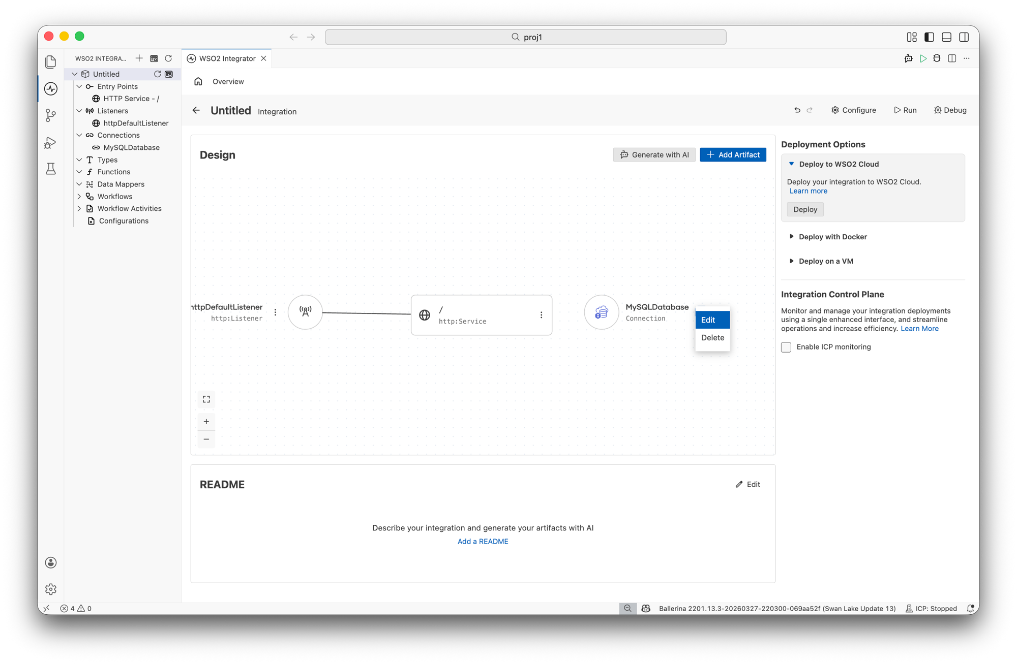 Design view showing database connection