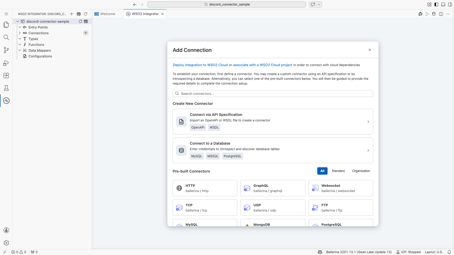 Discord connector palette open with search field before any selection