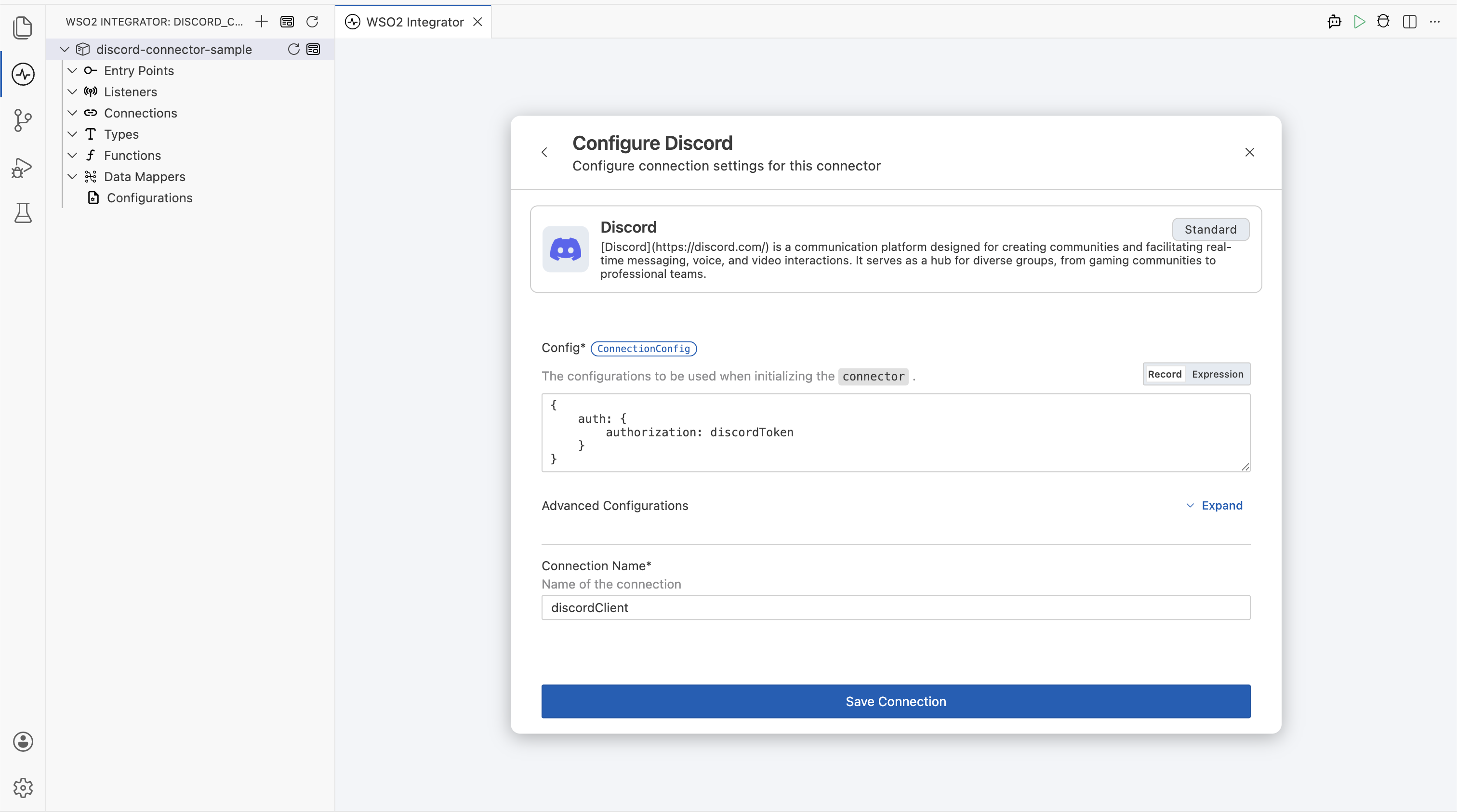Discord connection form fully filled with all parameters before saving