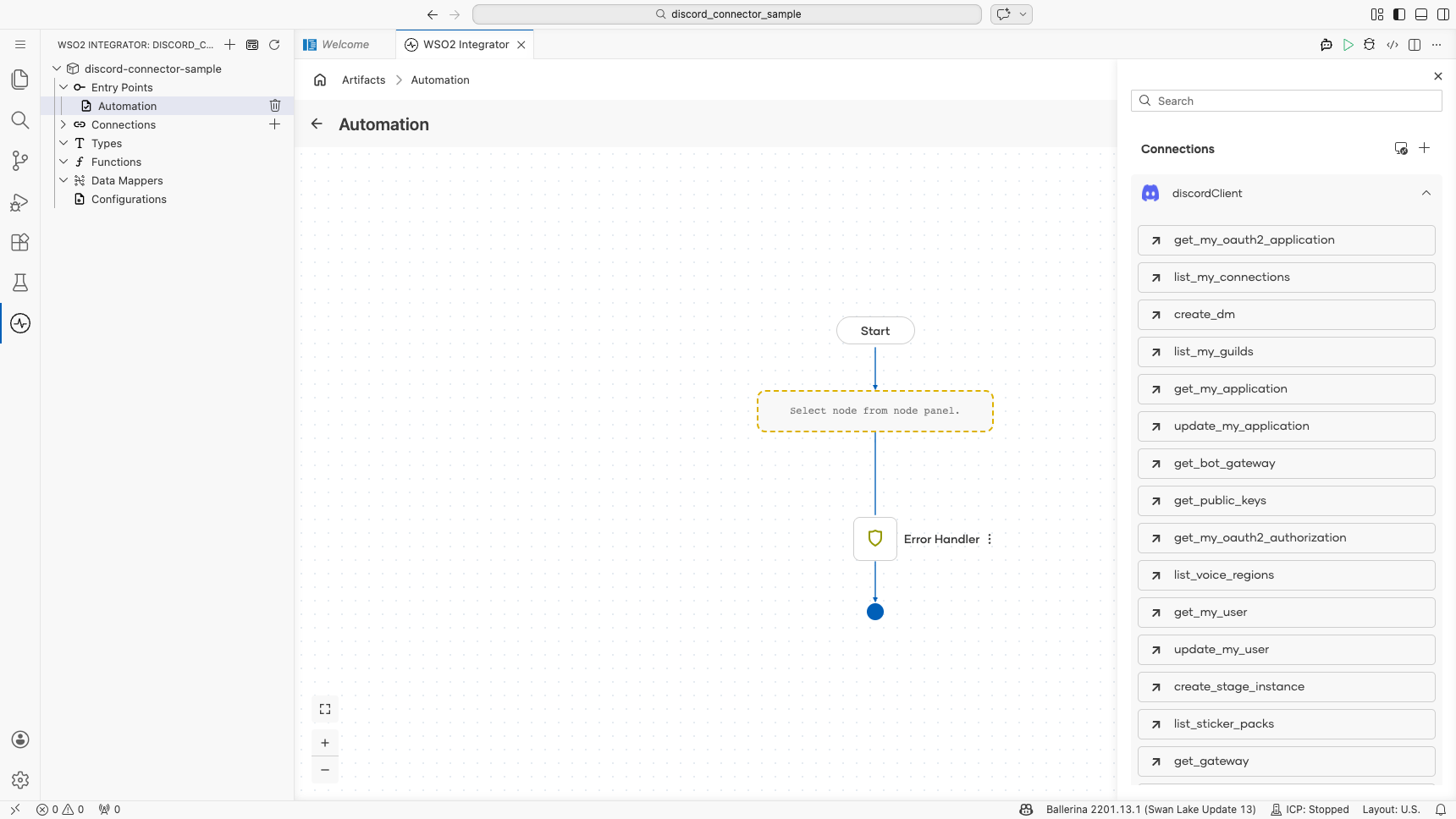 Discord connection node expanded showing all available operations before selection