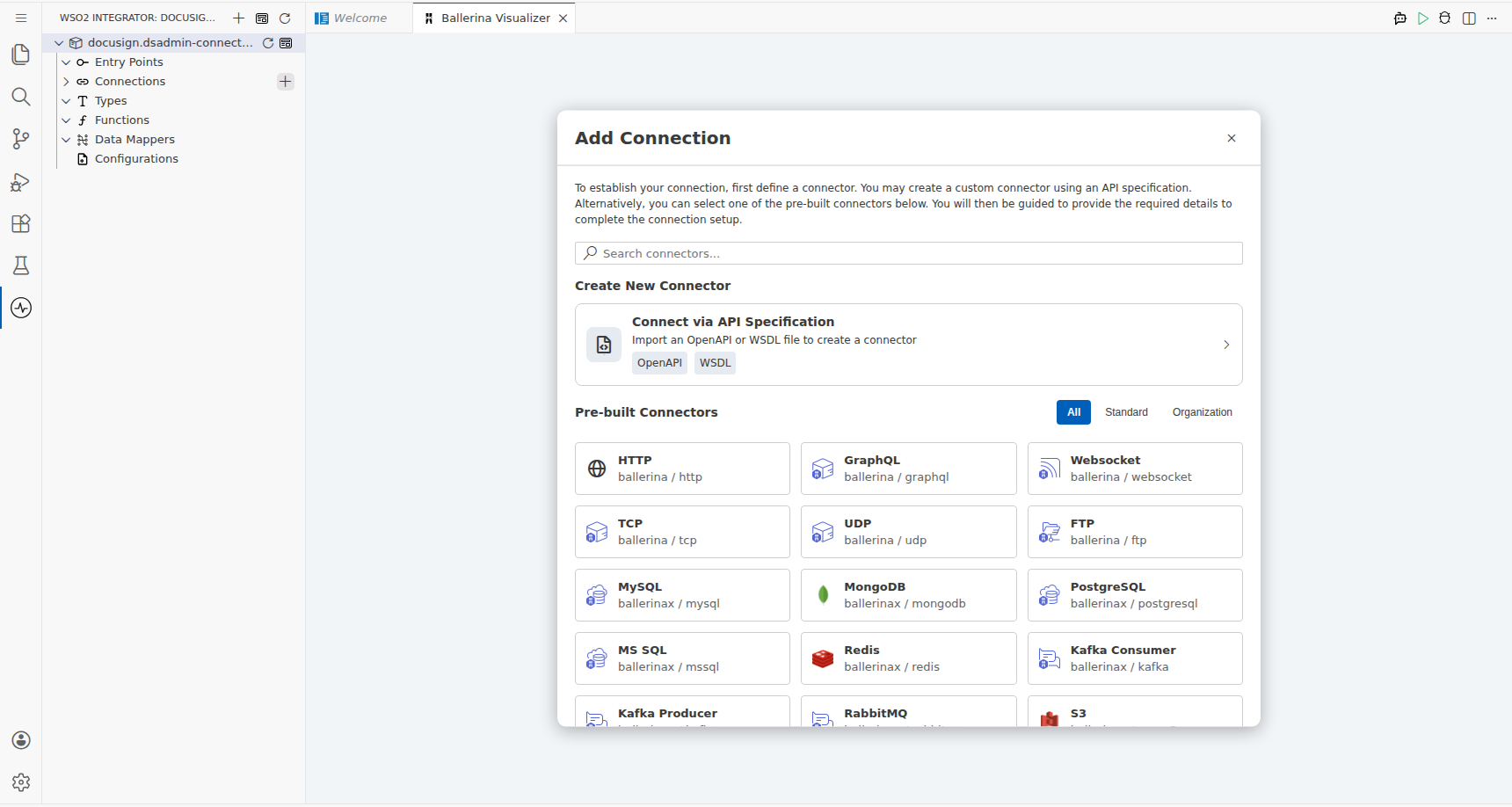 DS Admin connector palette open with search field before any selection