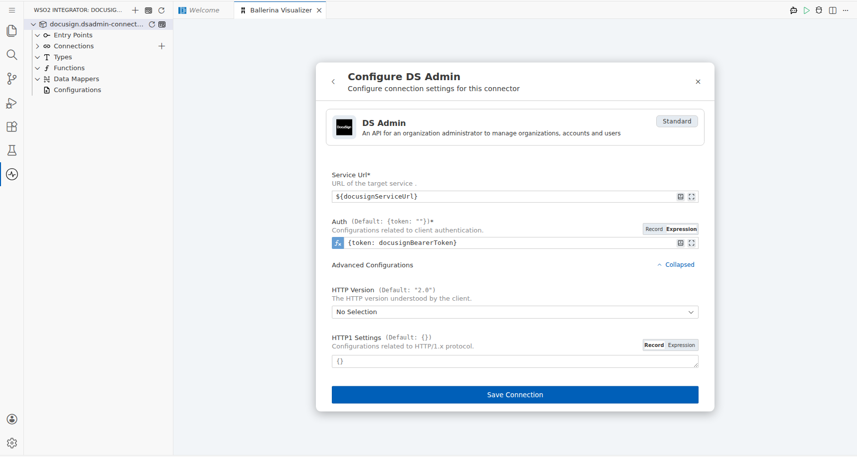 DS Admin connection form fully filled with all parameters before saving