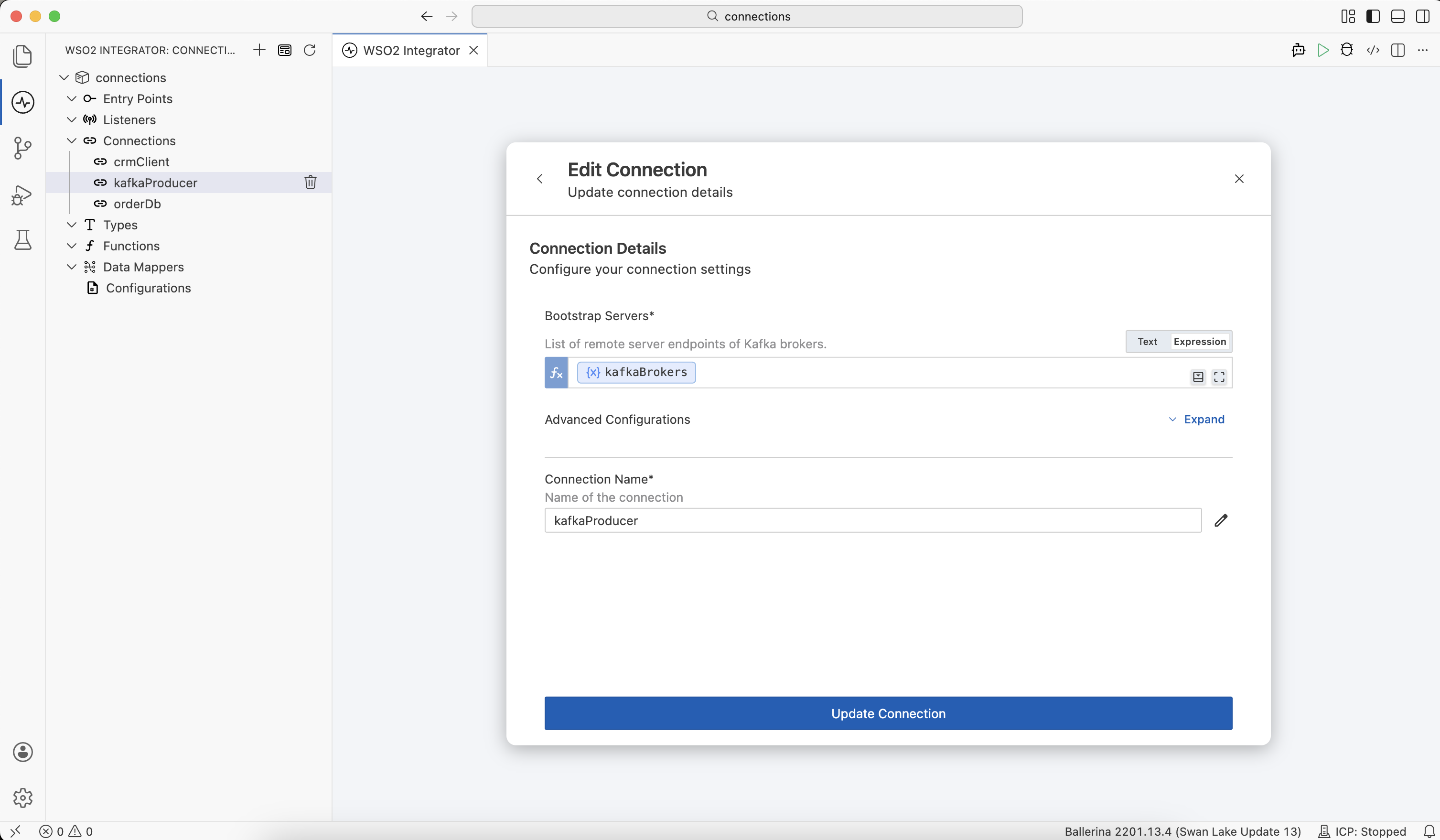 WSO2 Integrator Connection edit form