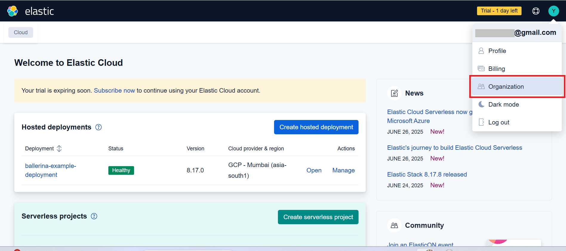 Elastic Cloud dashboard