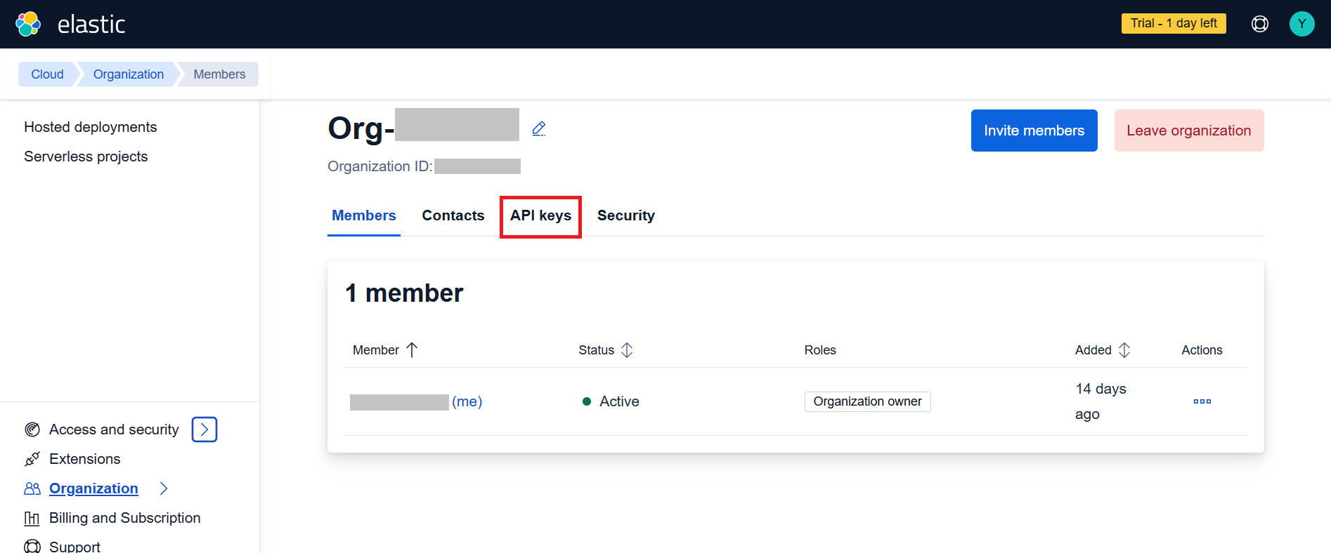 Elastic Cloud deployments view