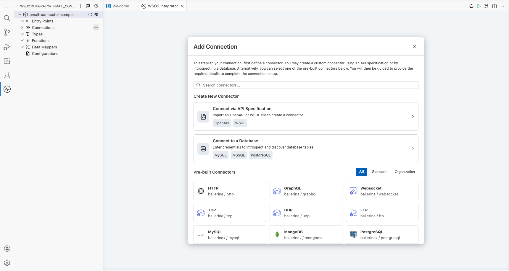 Email SMTP connector palette open with search field before any selection