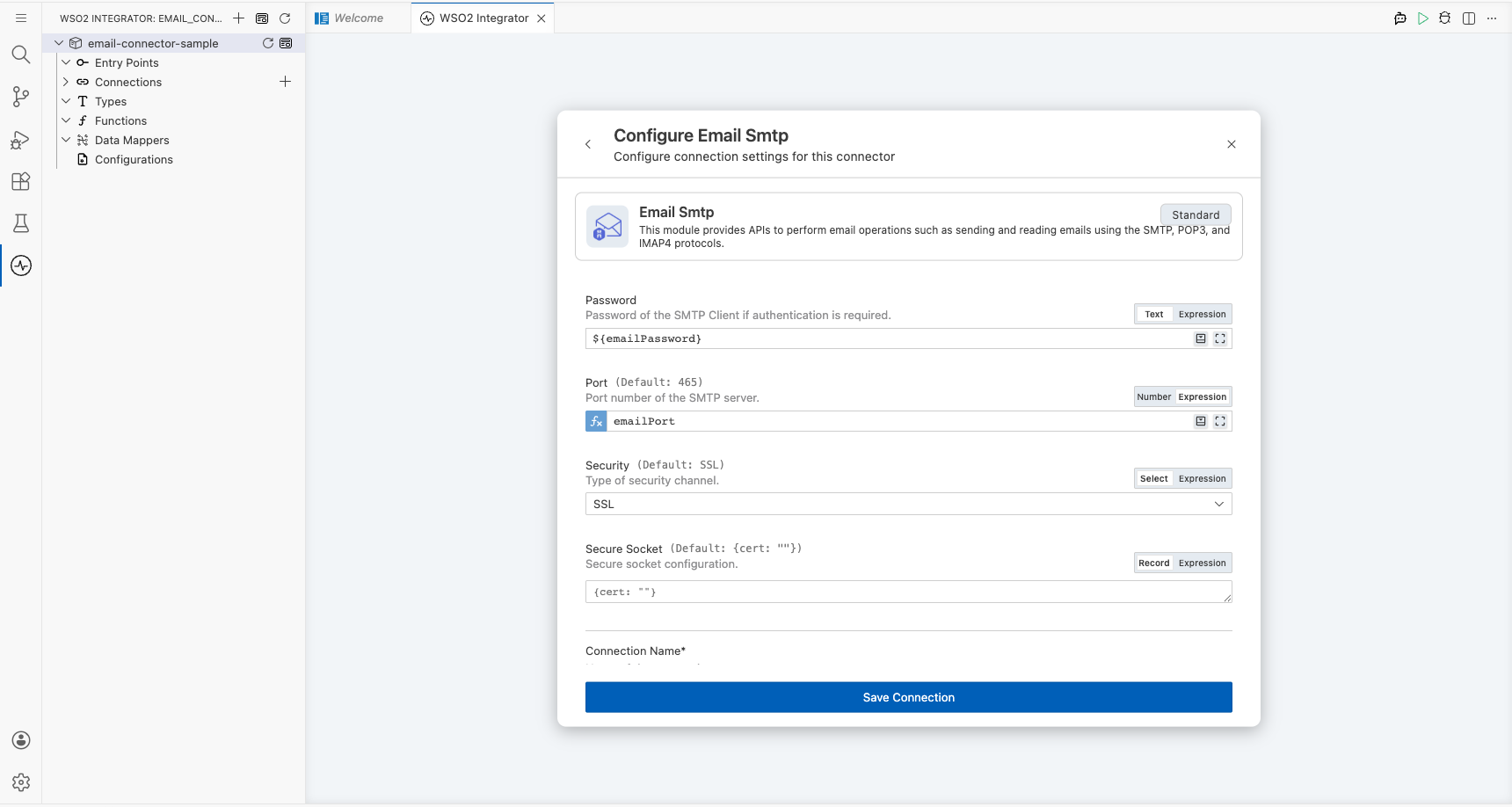 Email SMTP connection form fully filled with all parameters before saving