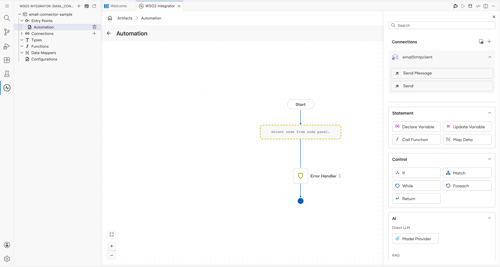 Email SMTP connection node expanded showing all available operations before selection