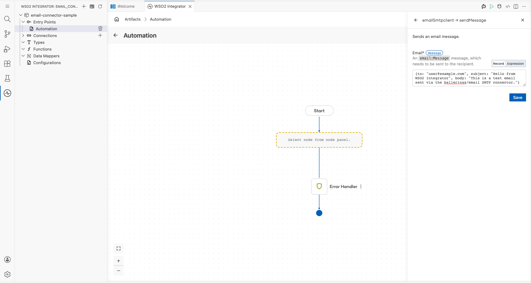 Email SMTP Send Message operation configuration filled with all values