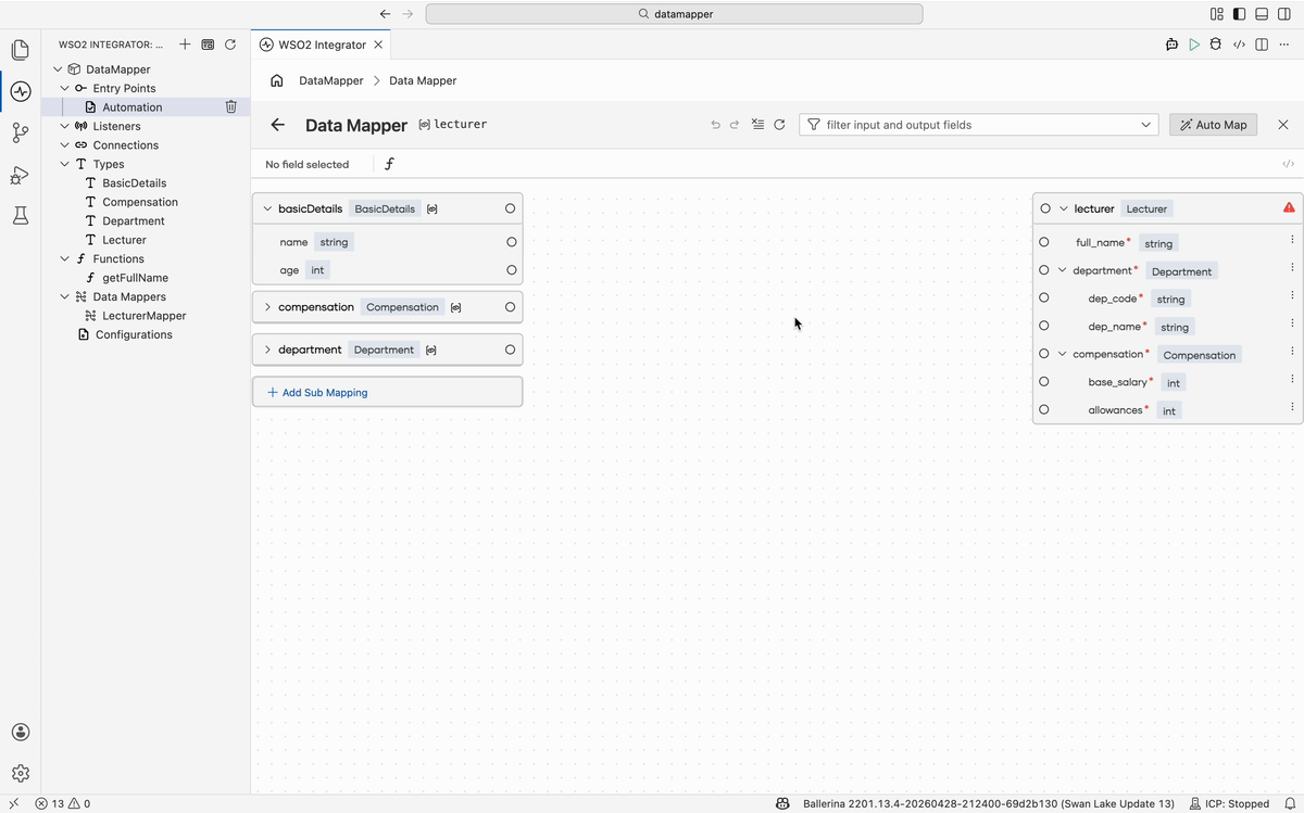 Expression editor opened on an output field with completion suggestions