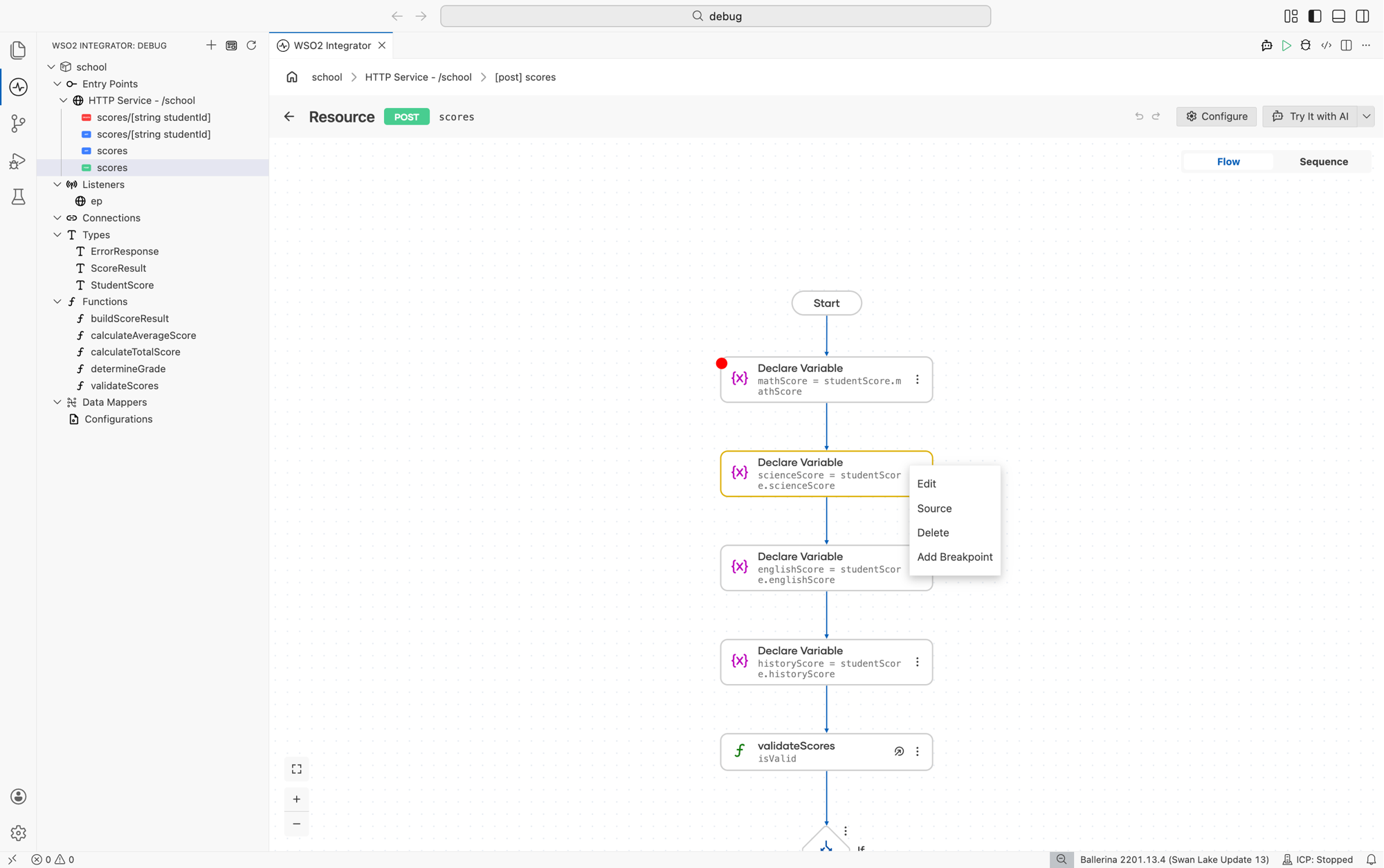Breakpoint set on a node in the visual designer