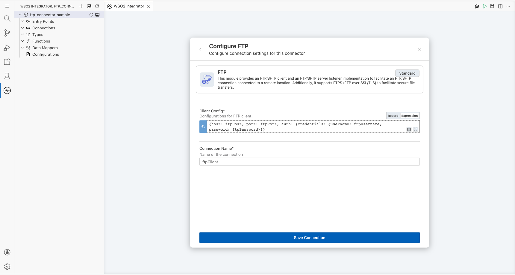 FTP connection form fully filled with all parameters before saving