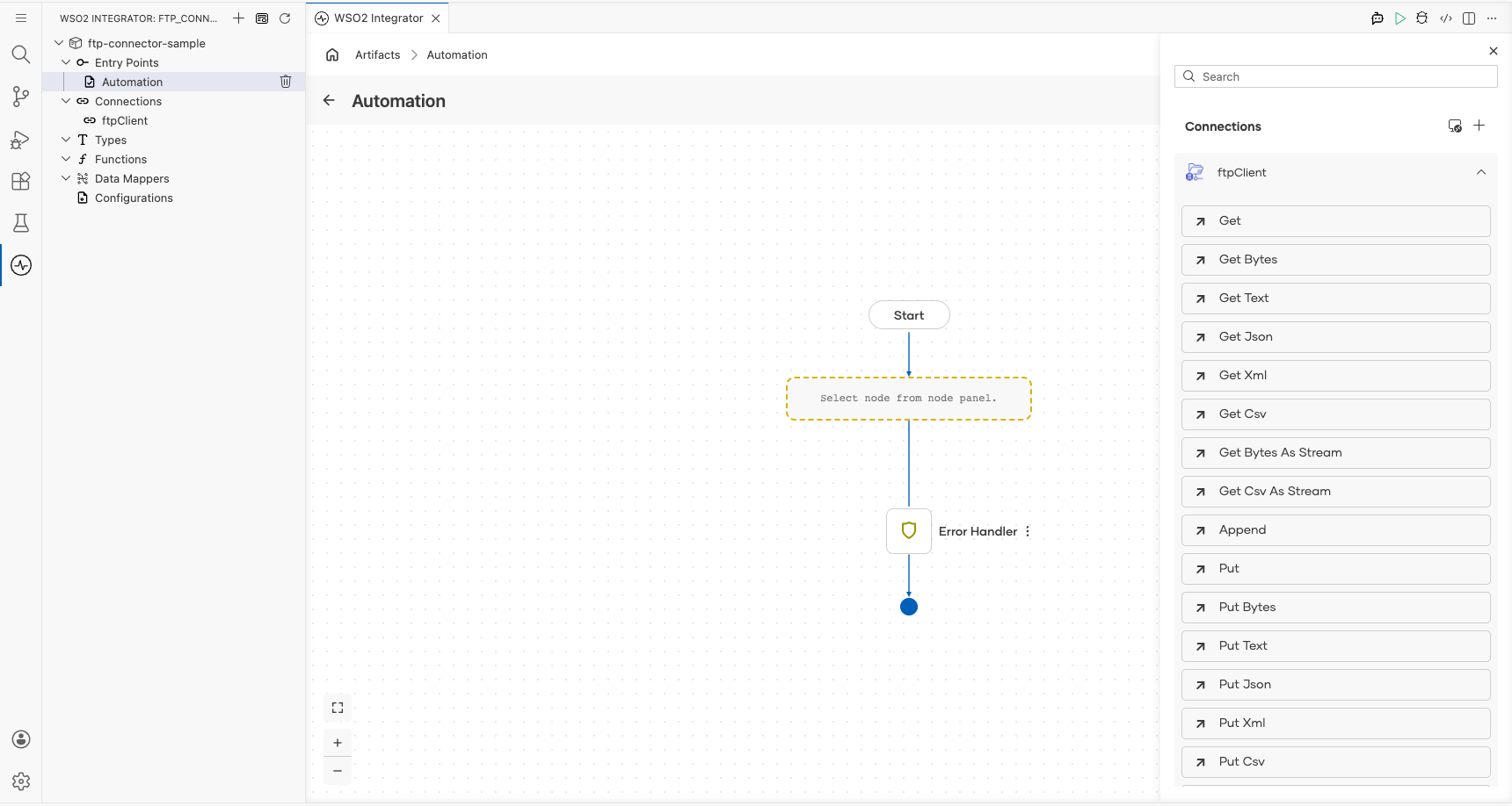 FTP connection node expanded showing all available operations before selection
