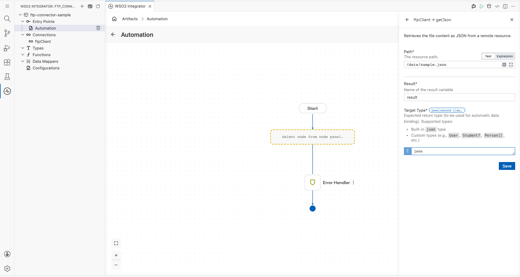 FTP getJson operation configuration filled with all values