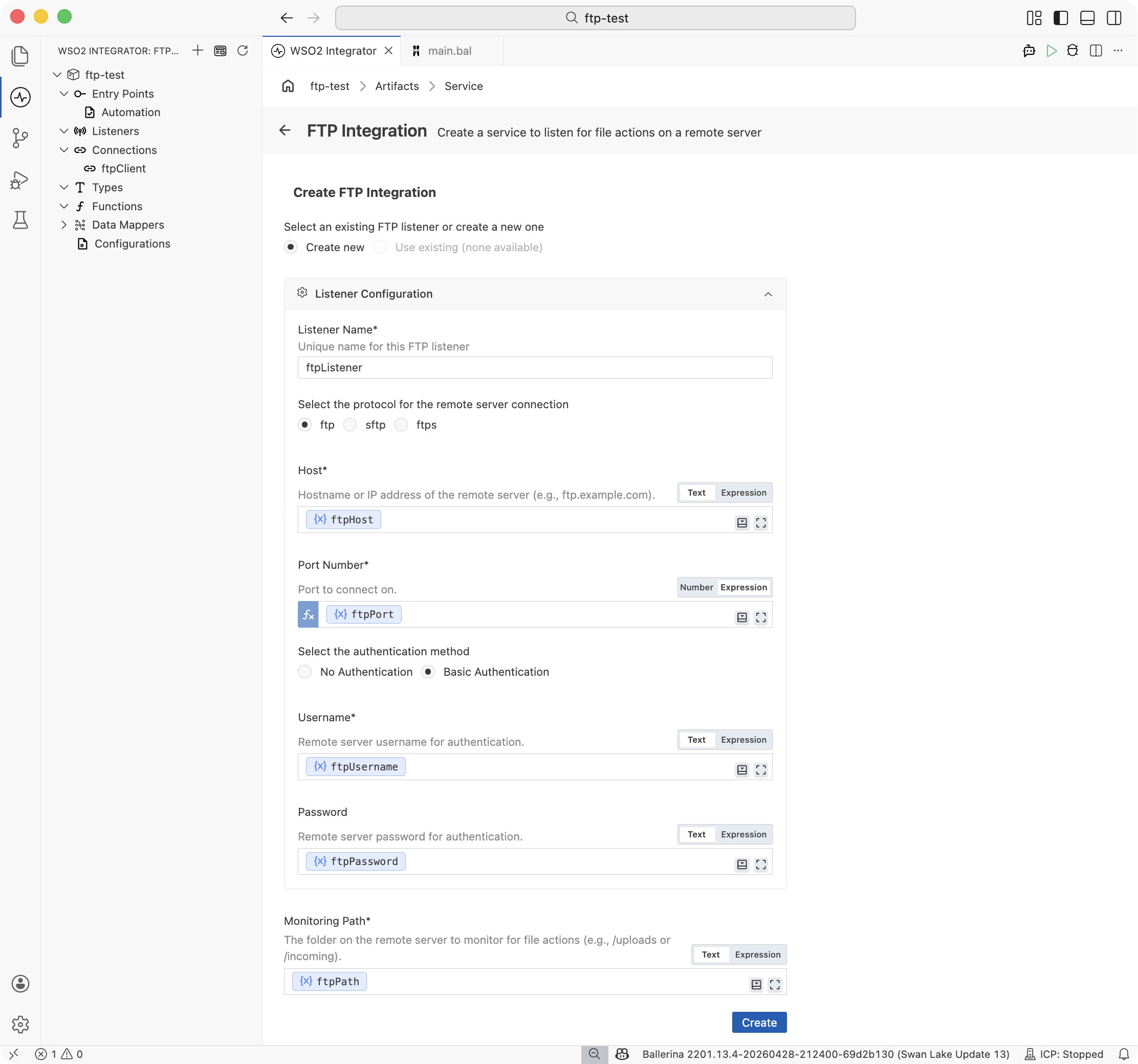 FTP trigger configuration form with all five listener parameters bound to configurable chips before selecting Create