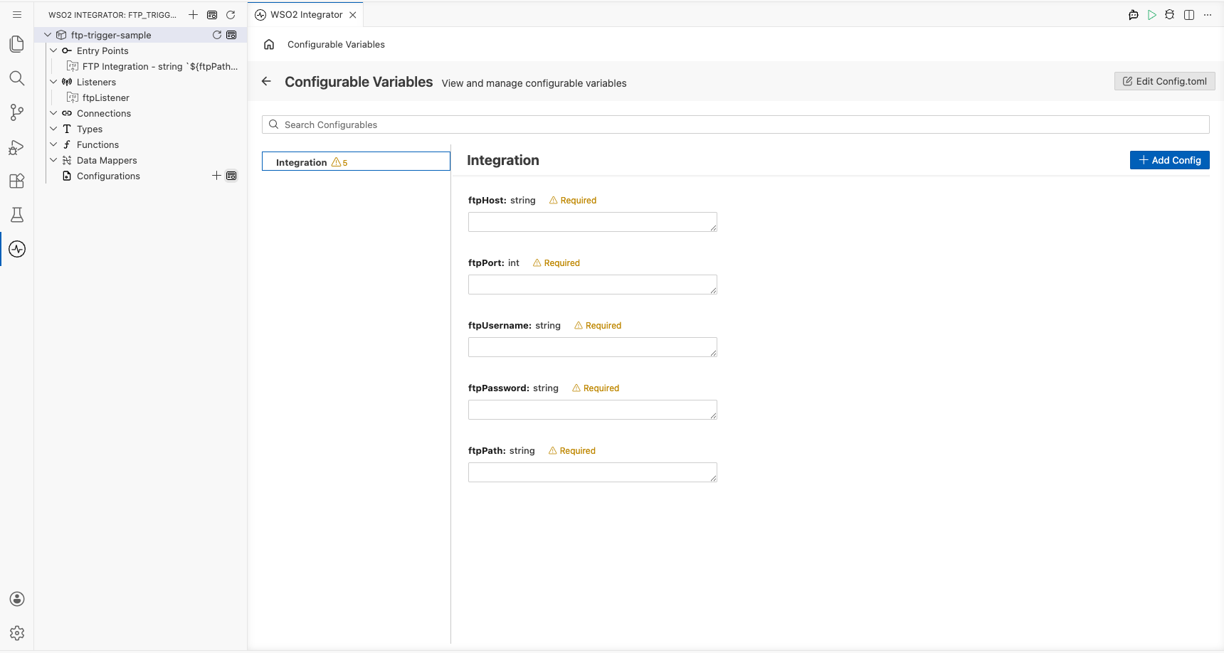 Configurations panel open showing the configurable variables listed with empty value fields
