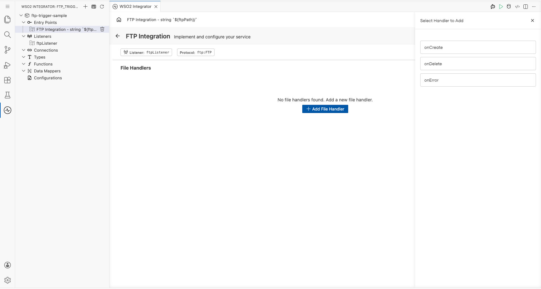 Service view with Select Handler to Add side panel open listing FTP handler options
