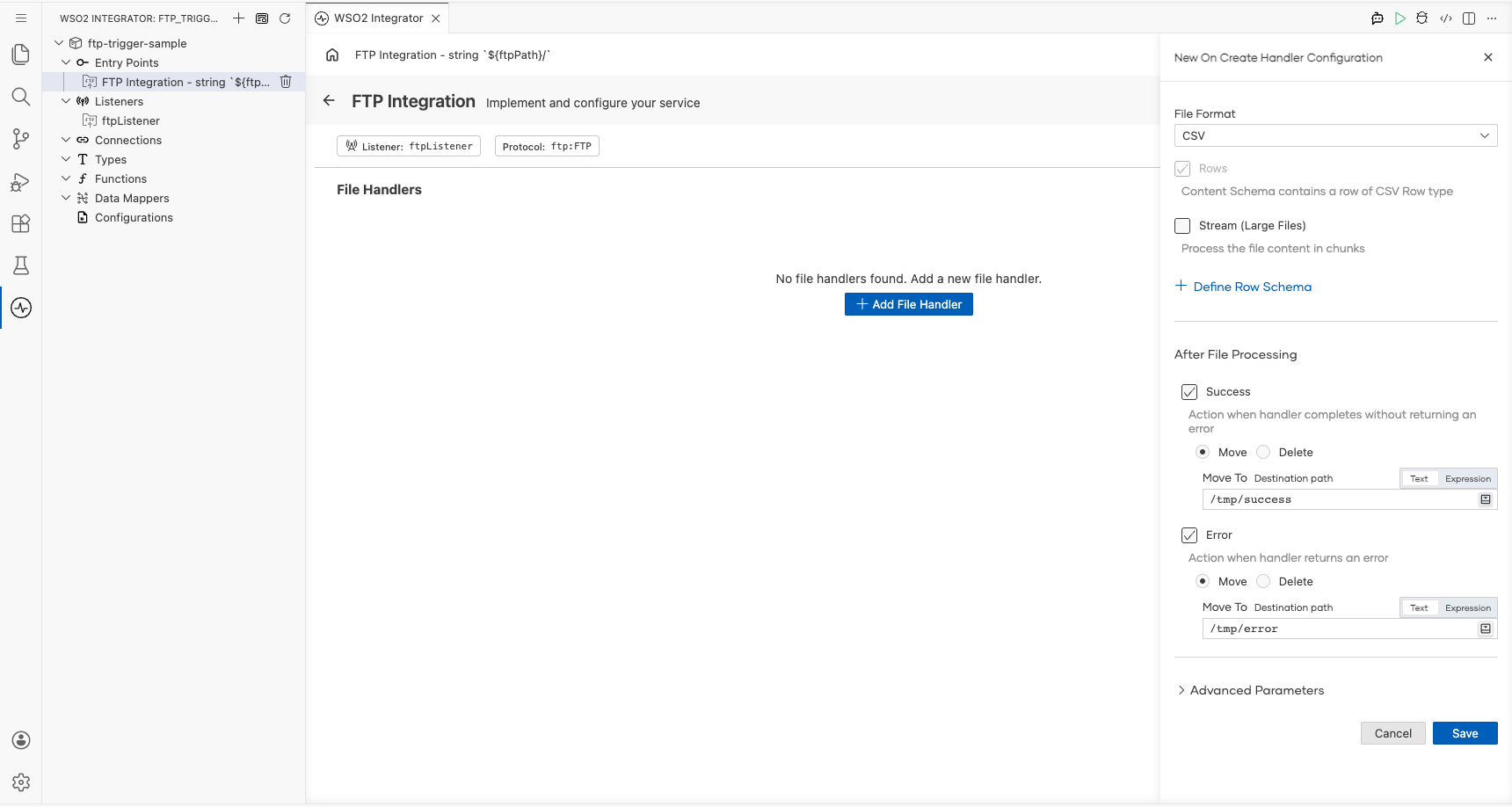 onCreate handler configuration form showing File Format CSV, success move-to path, and error move-to path configured before saving