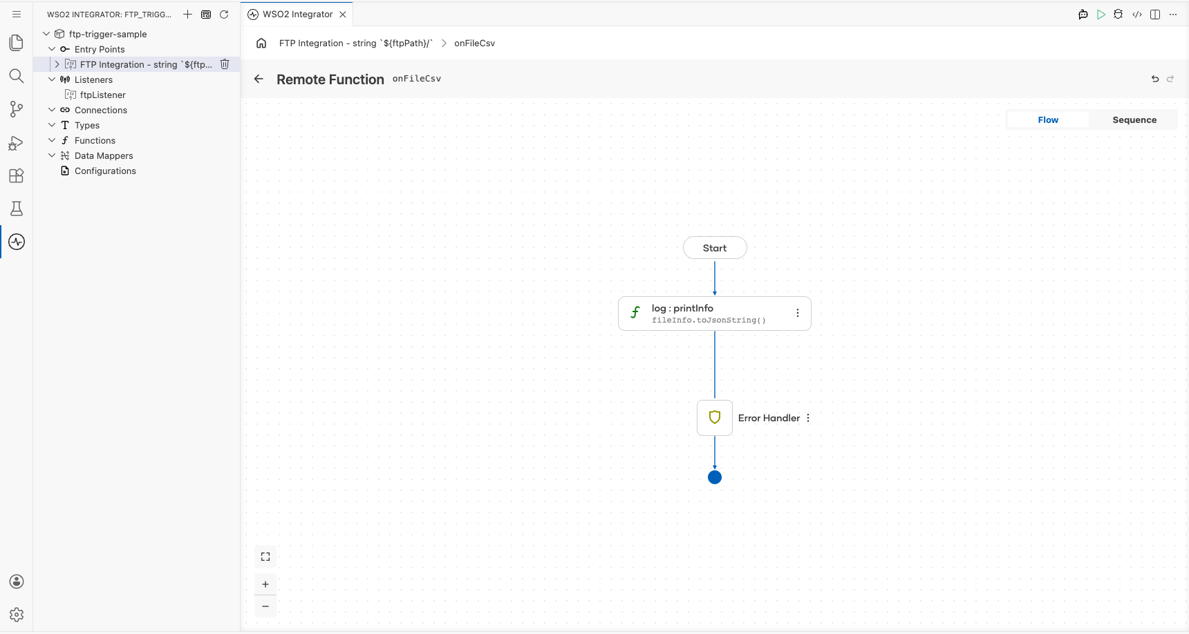 onFileCsv handler flow canvas showing the log step added with fileInfo.toJsonString() as the argument