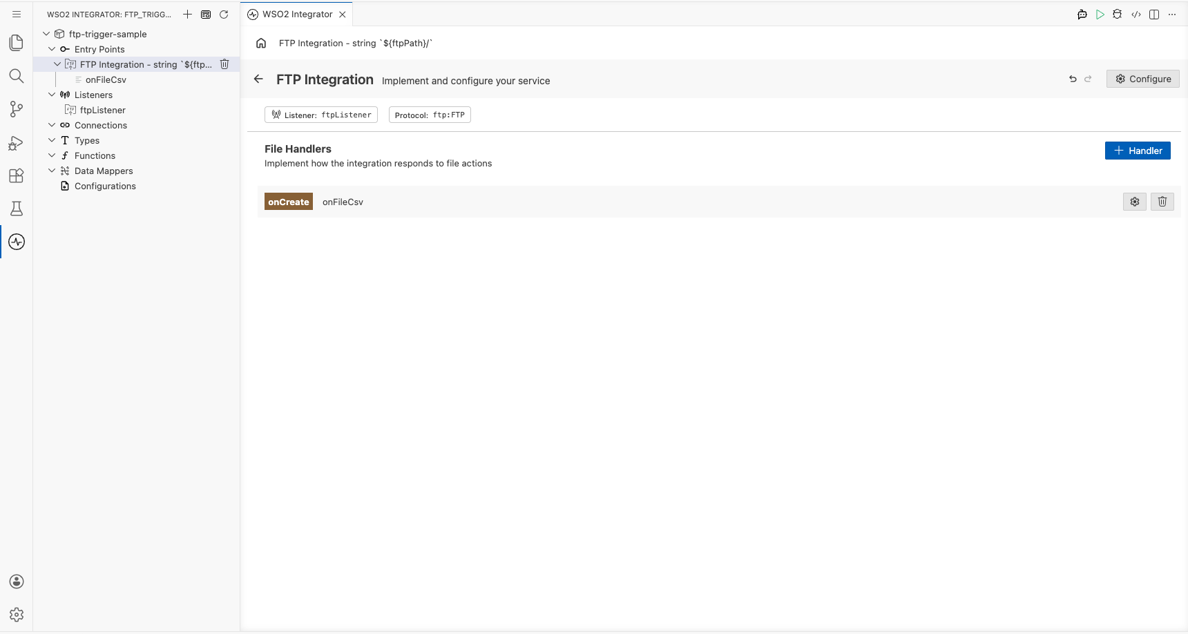 Final FTP Integration service view with the onFileCsv handler row registered under File Handlers