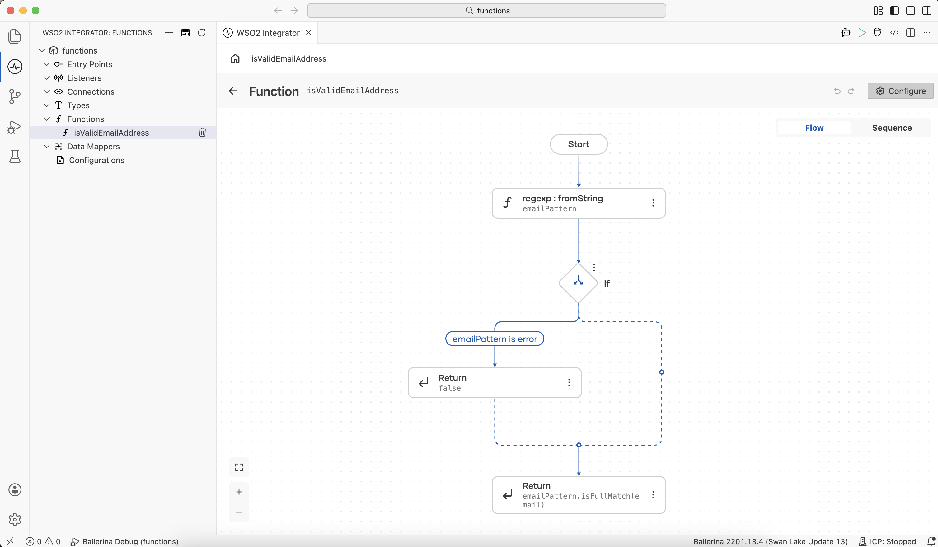 Function flow view with a function selected in the sidebar and the Configure button highlighted