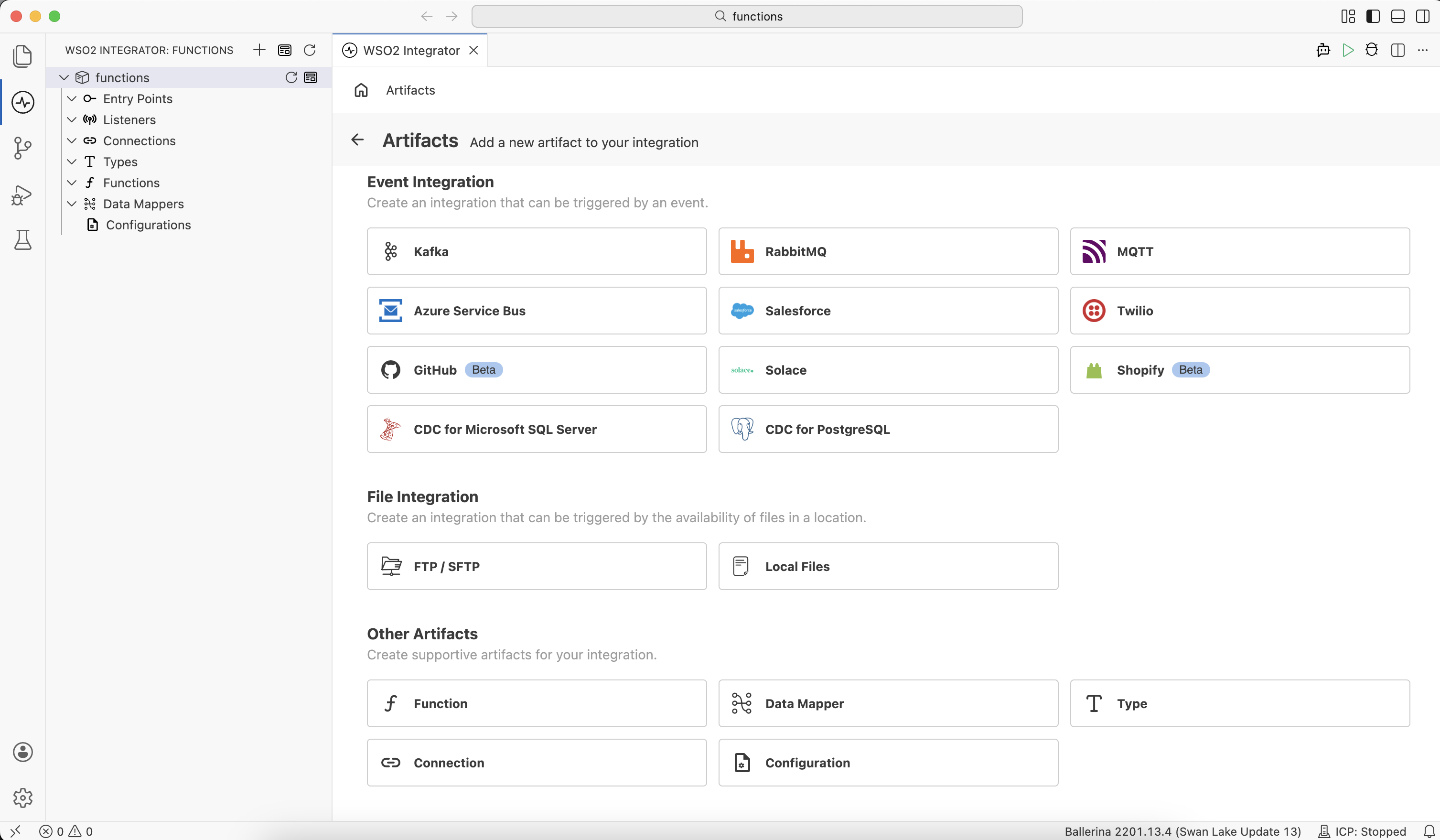 Artifacts page with the Function option highlighted under Other Artifacts