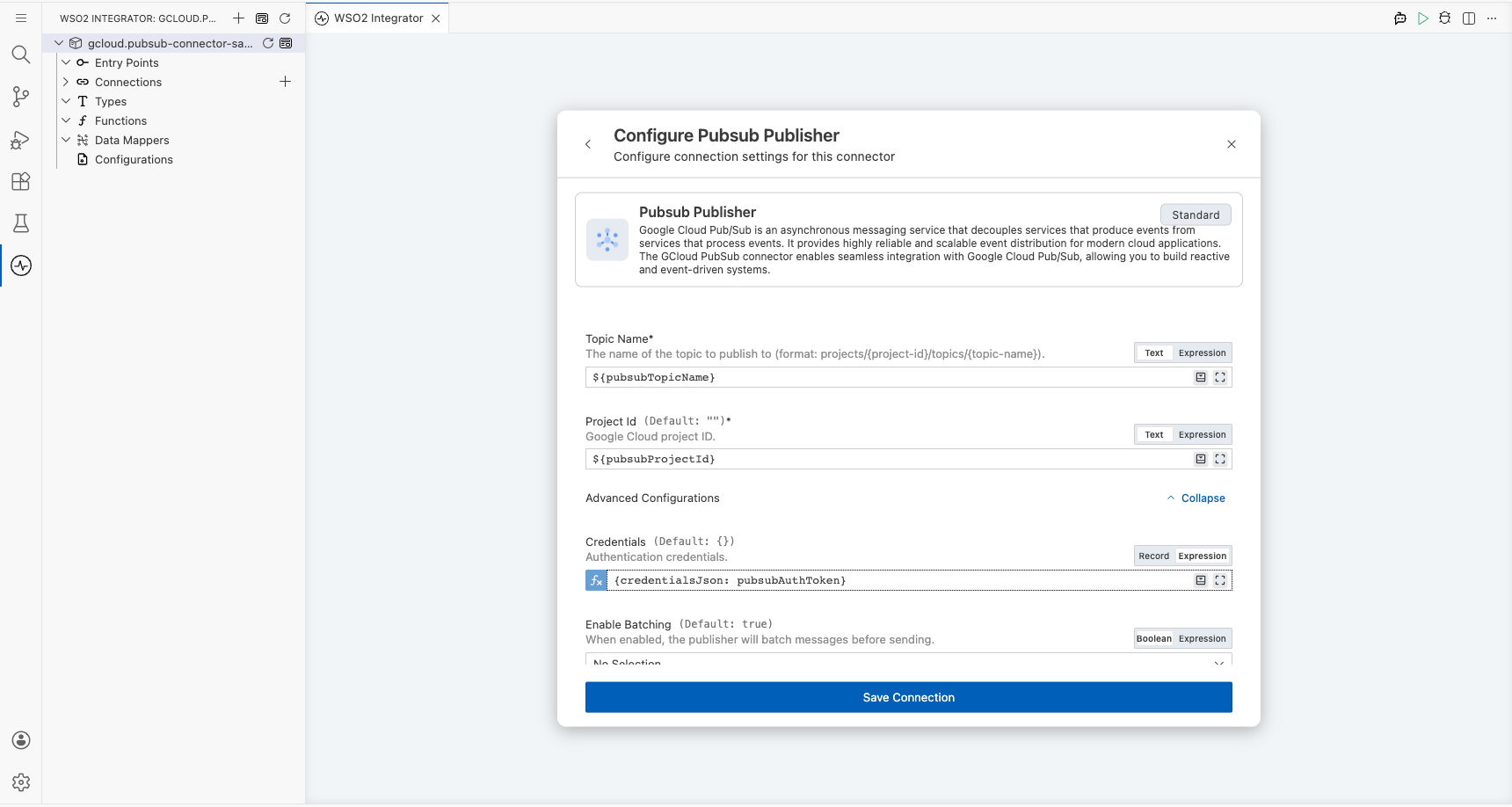 Pub/Sub connection form fully filled with all parameters before saving