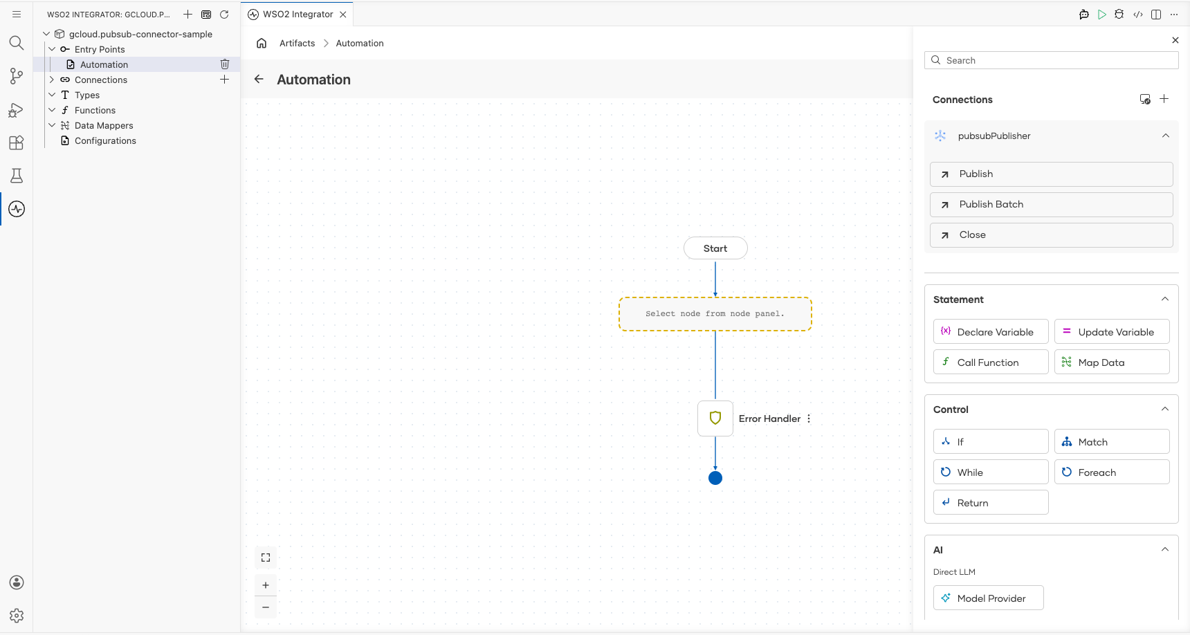 Pub/Sub connection node expanded showing all available operations before selection
