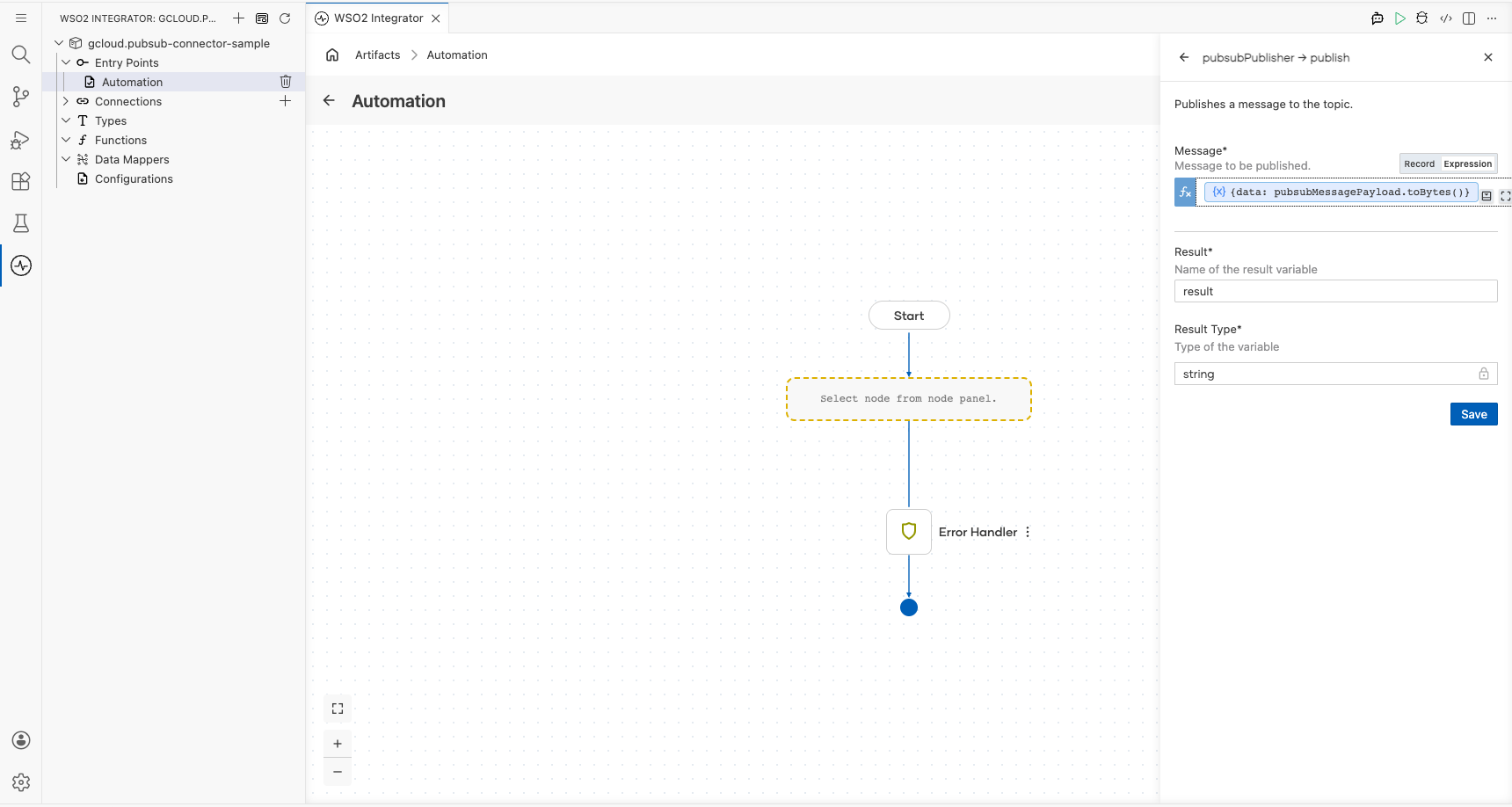 Pub/Sub publish operation configuration filled with all values