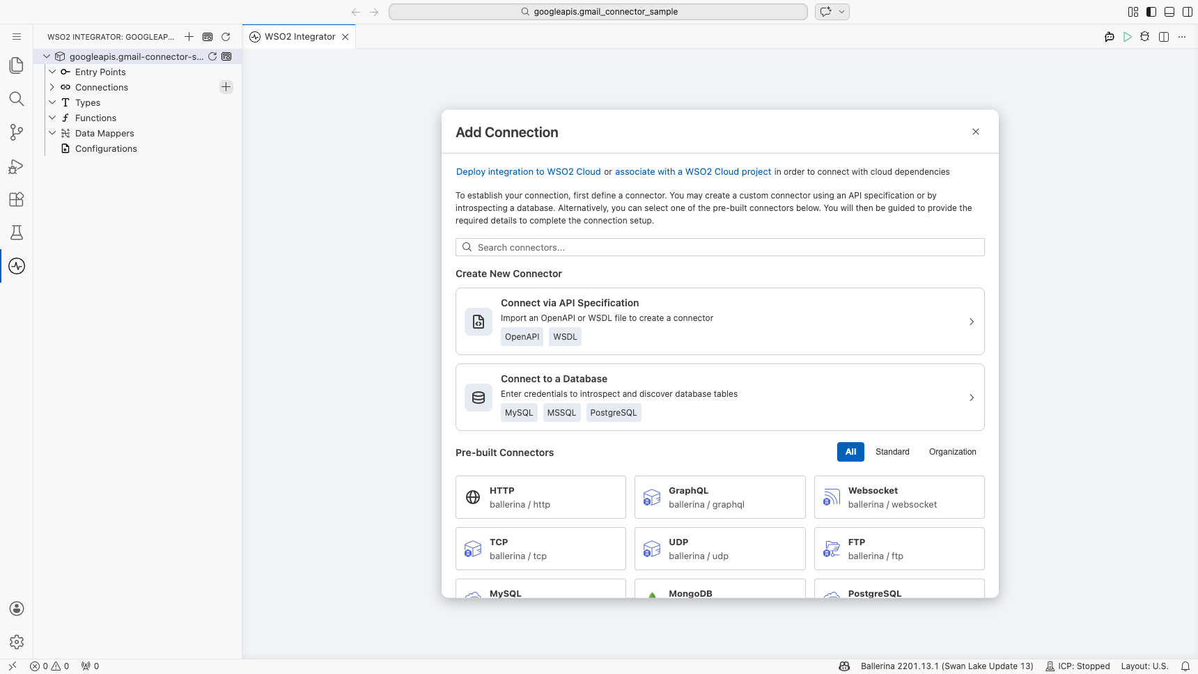 Gmail connector palette open before searching