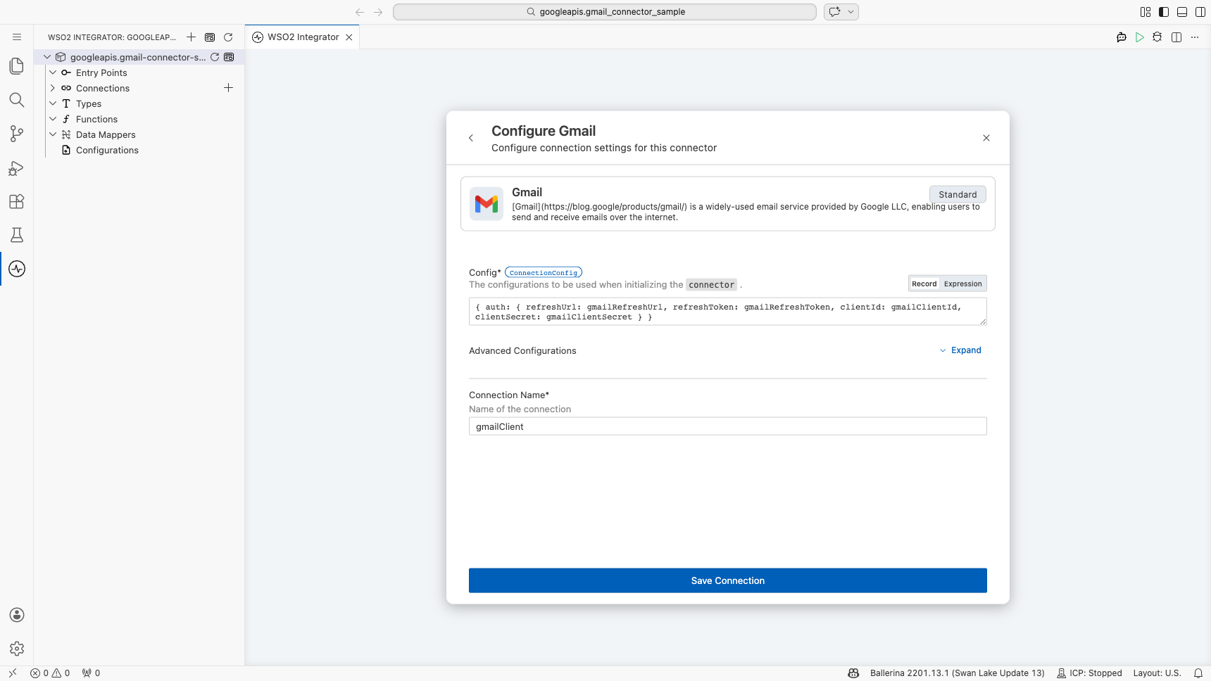 Gmail connection form showing configurable references in the Config expression field