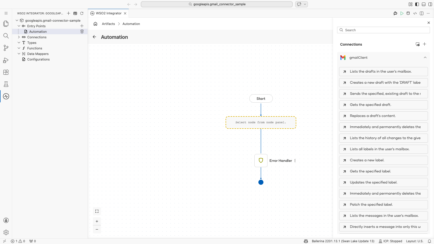 gmailClient connection node expanded showing all available operations before selection