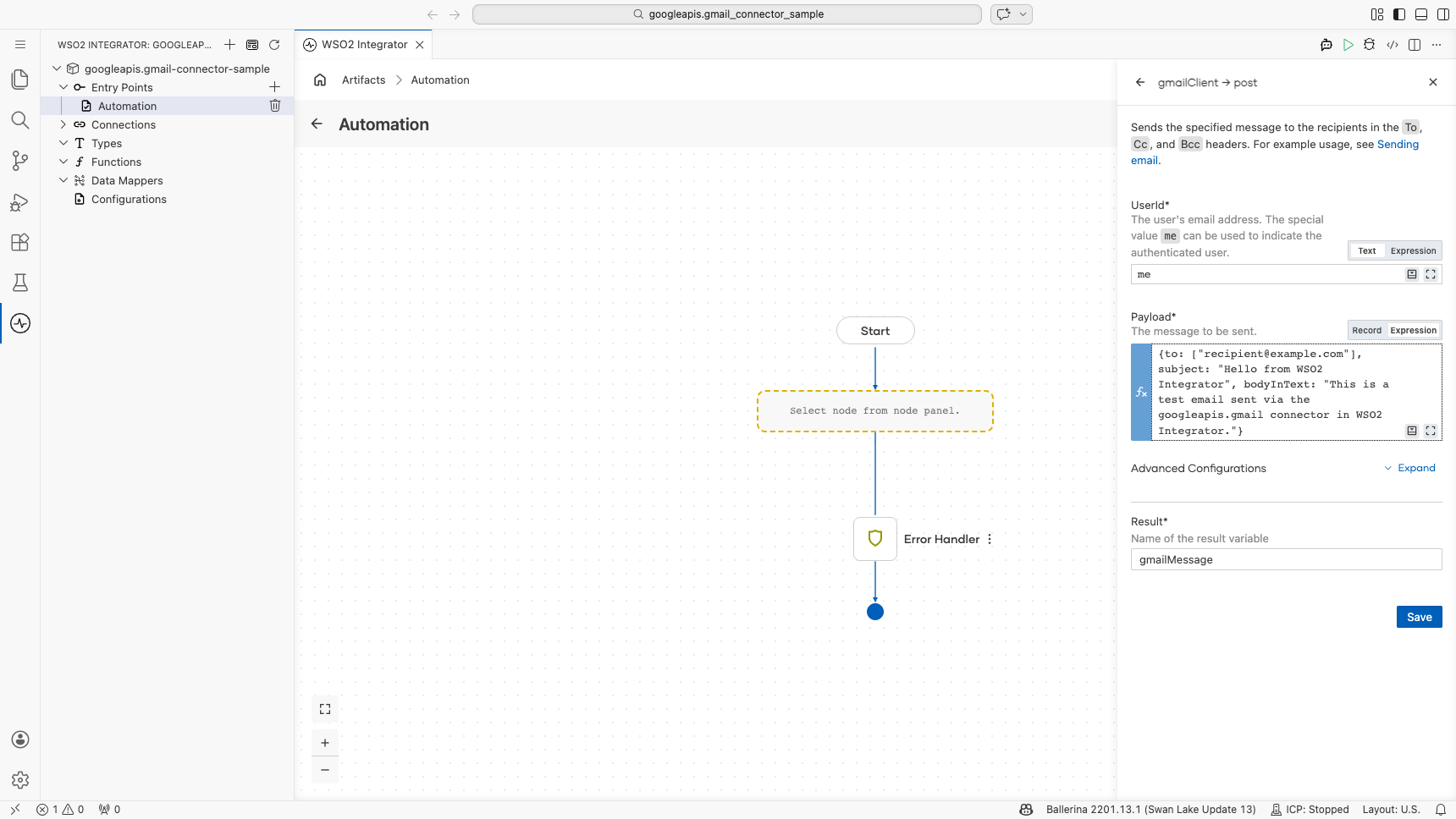 sendMessage configuration form with all fields filled