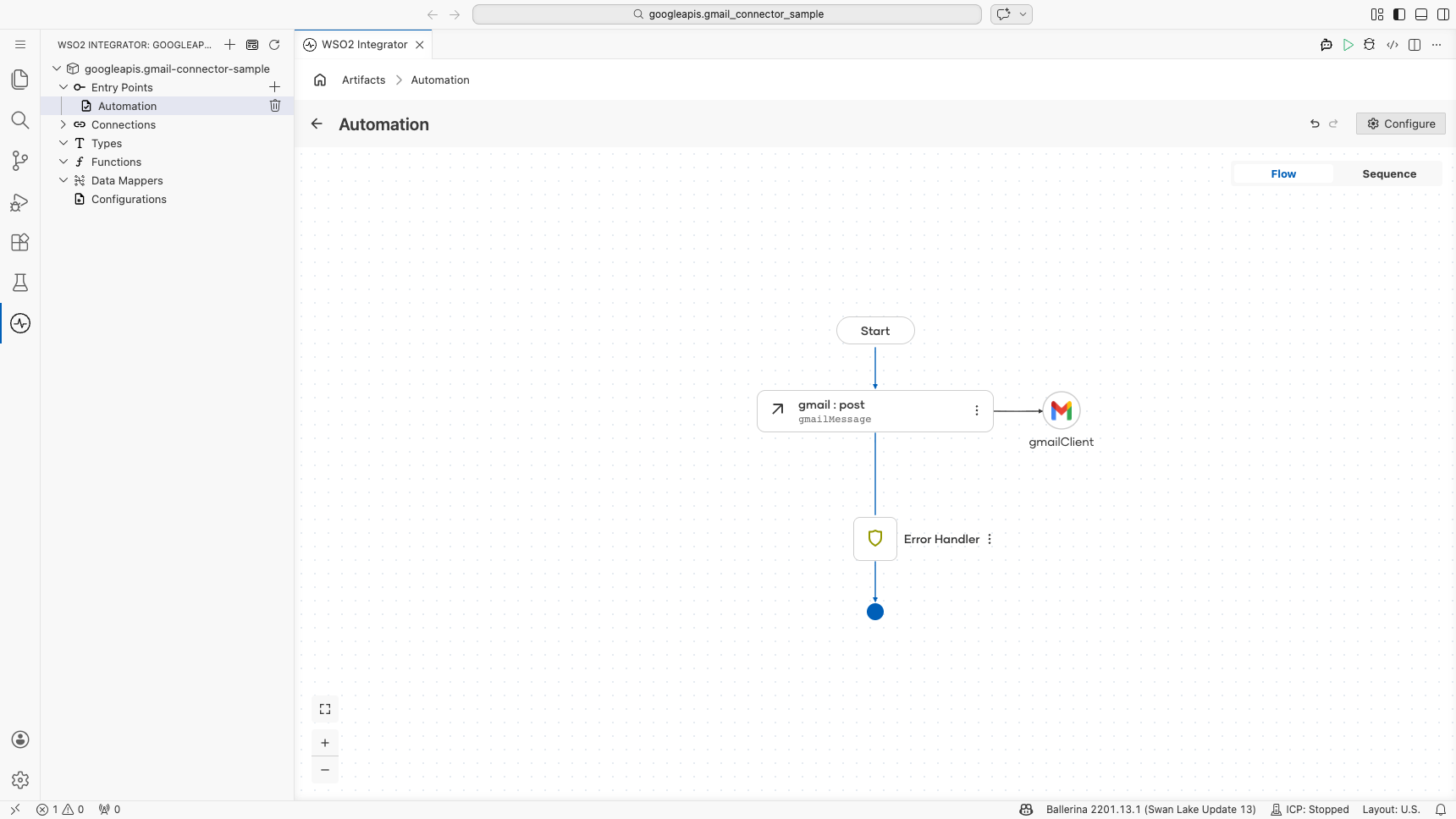 Completed Gmail automation flow with gmail step linked to gmailClient