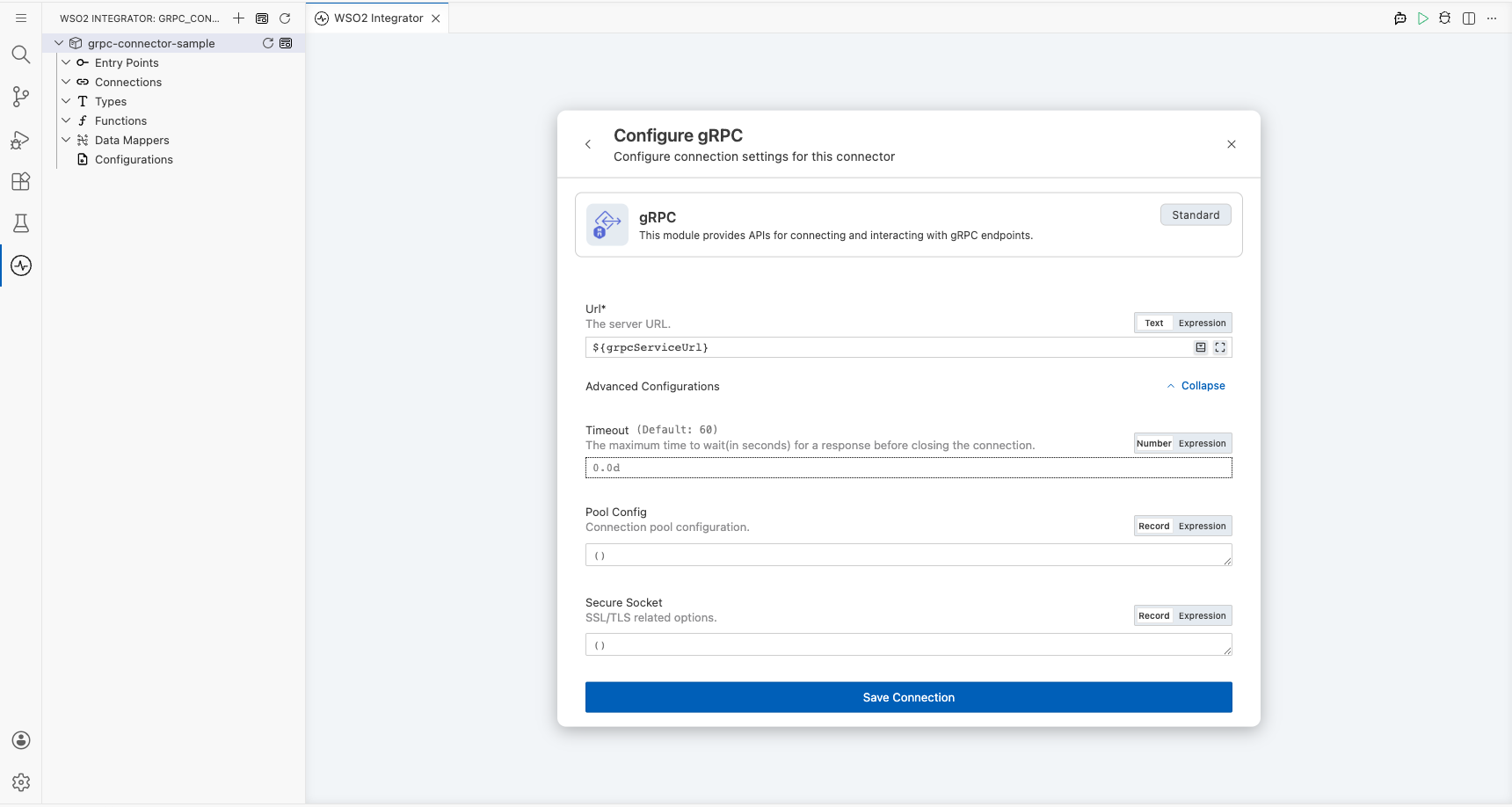 gRPC connection form fully filled with all parameters before saving