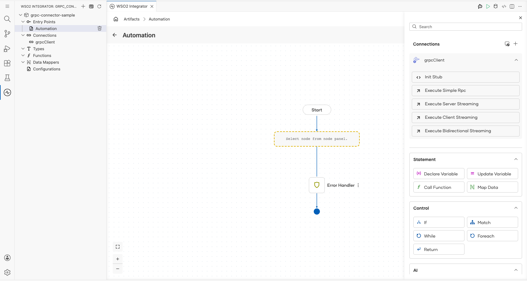 gRPC connection node expanded showing all available operations before selection