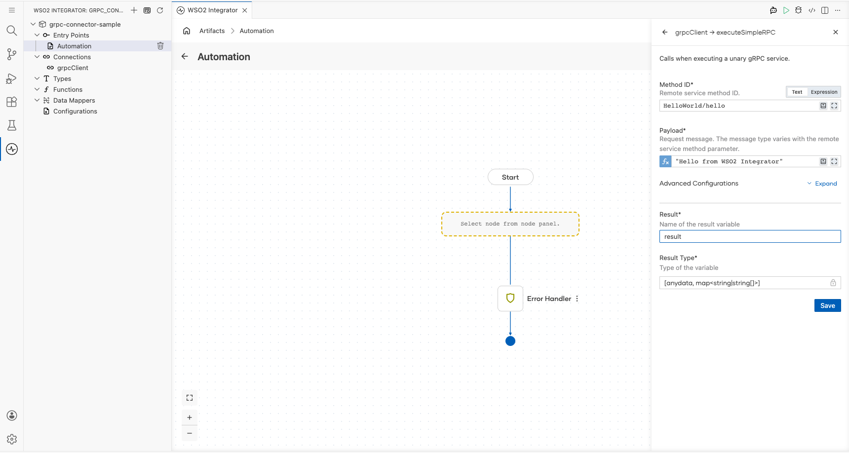 gRPC Execute Simple Rpc operation configuration filled with all values