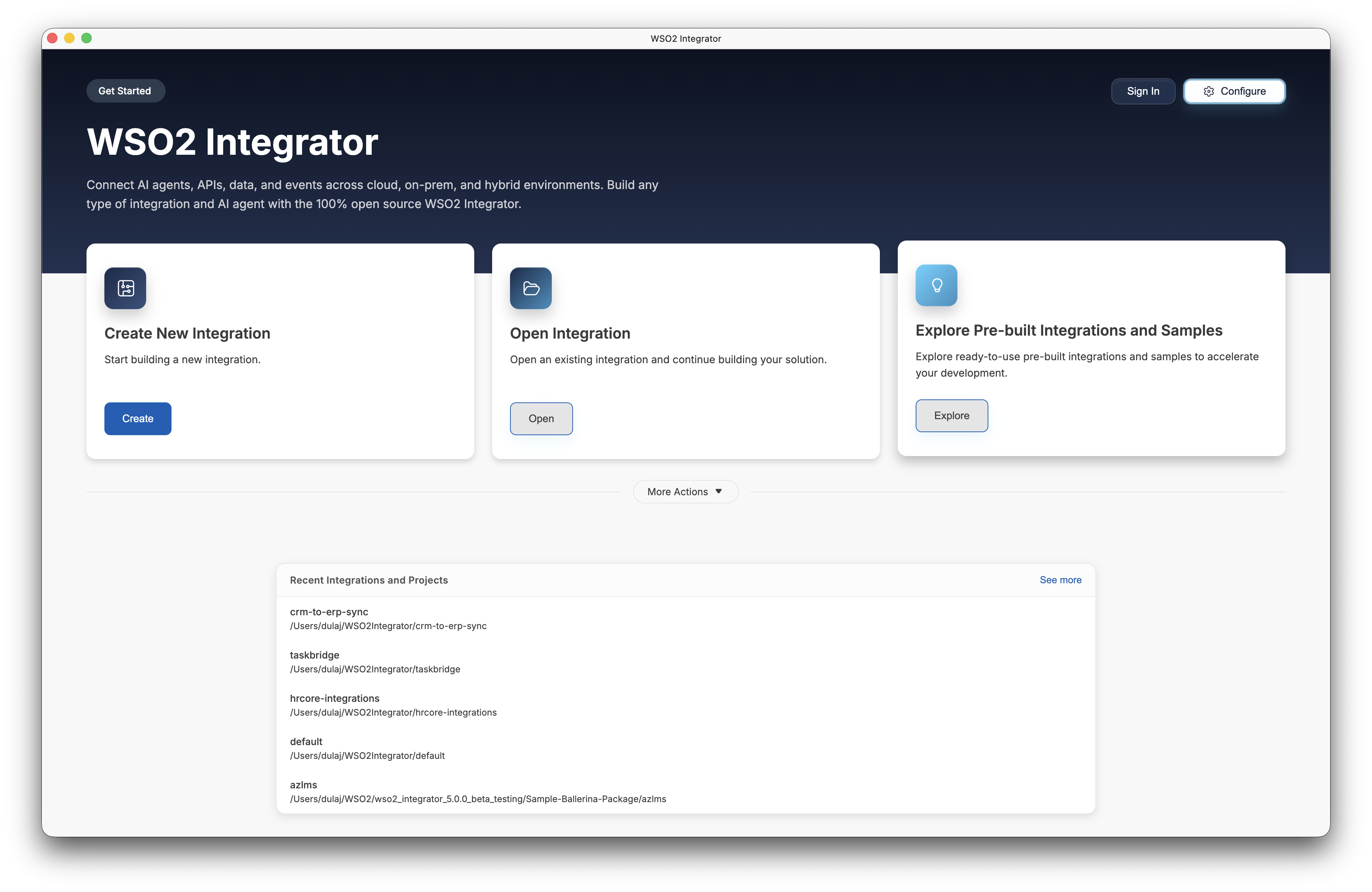 WSO2 Integrator home screen