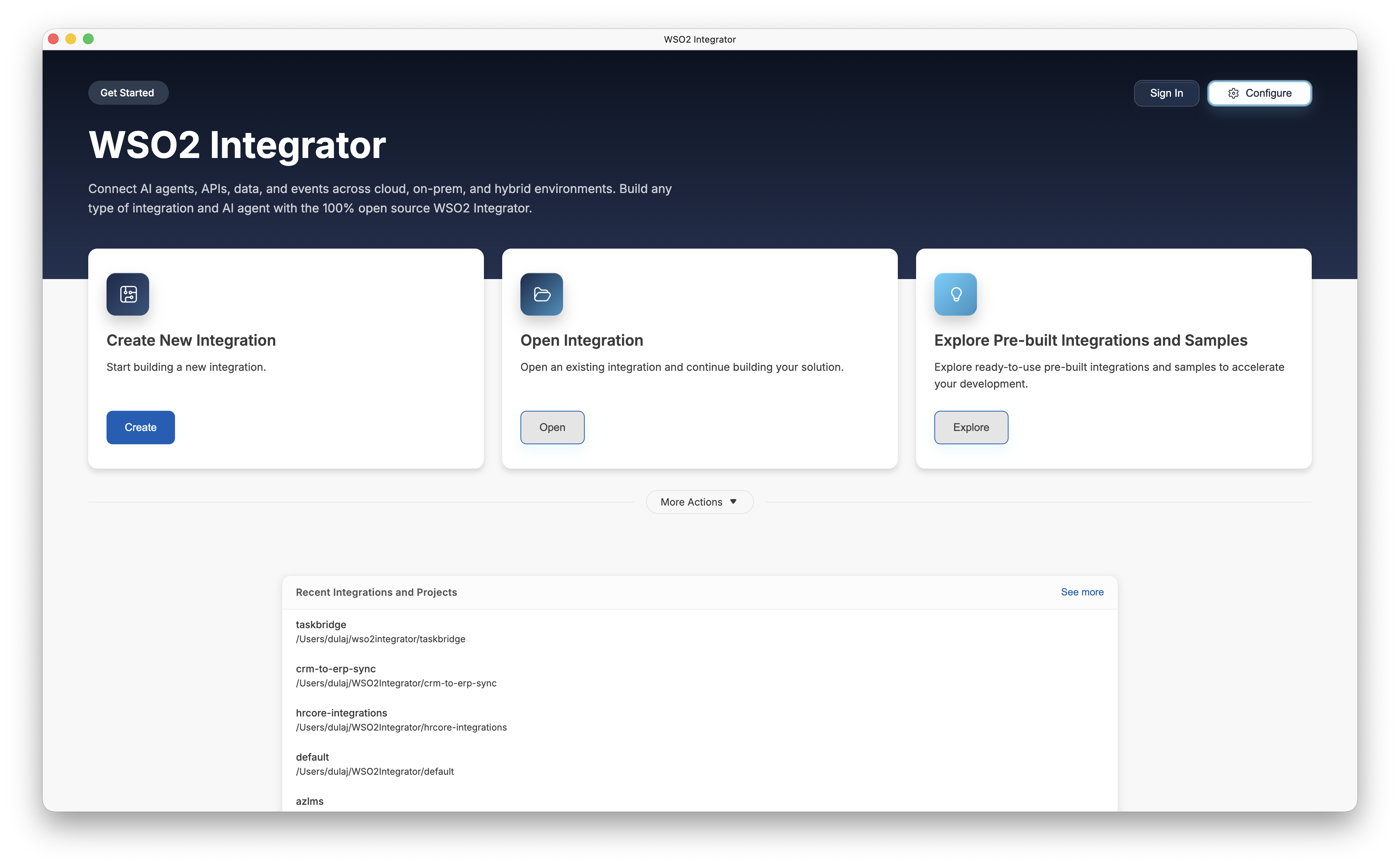 WSO2 Integrator home screen