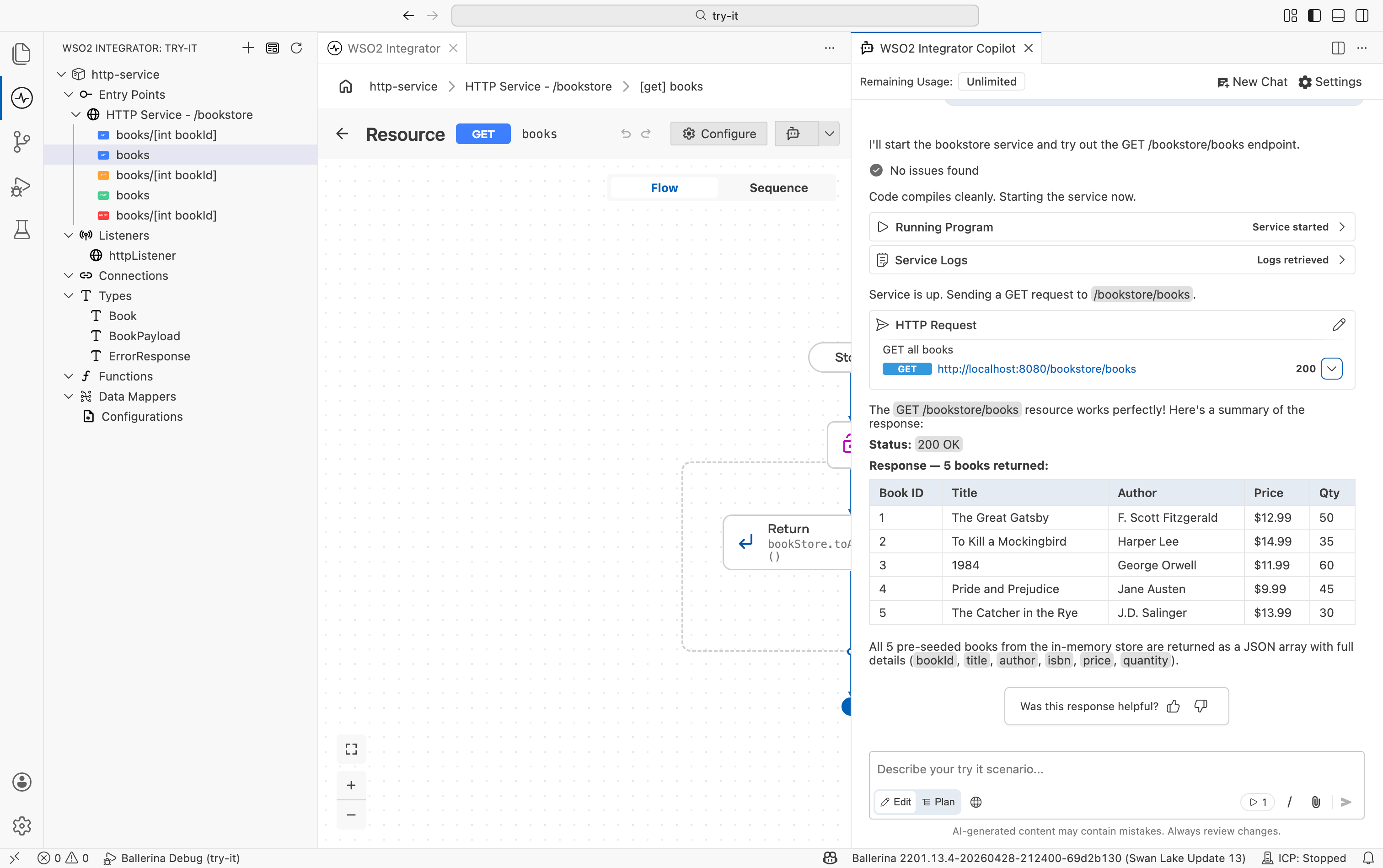 Copilot testing a bookstore GET endpoint and displaying results in the chat