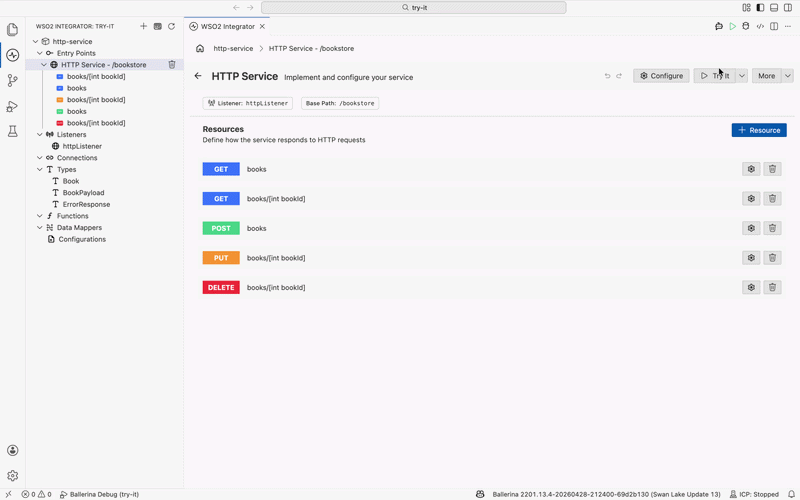 HTTP service Try-It panel showing request form and response