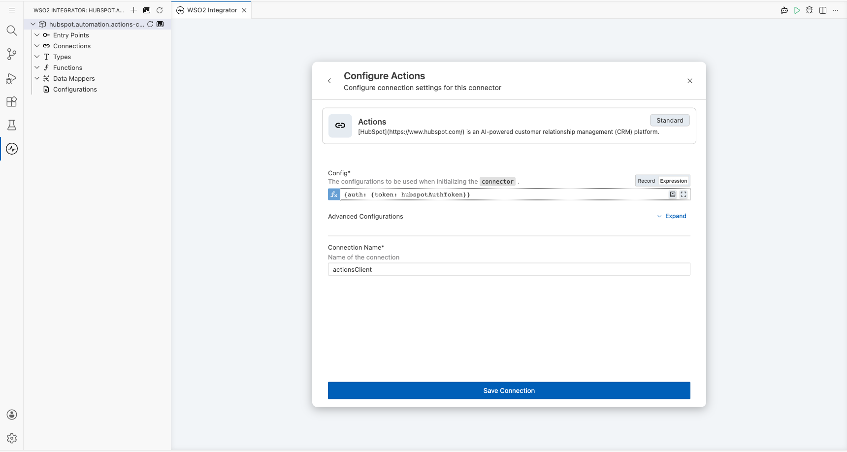 HubSpot Automation Actions connection form fully filled with all parameters before saving