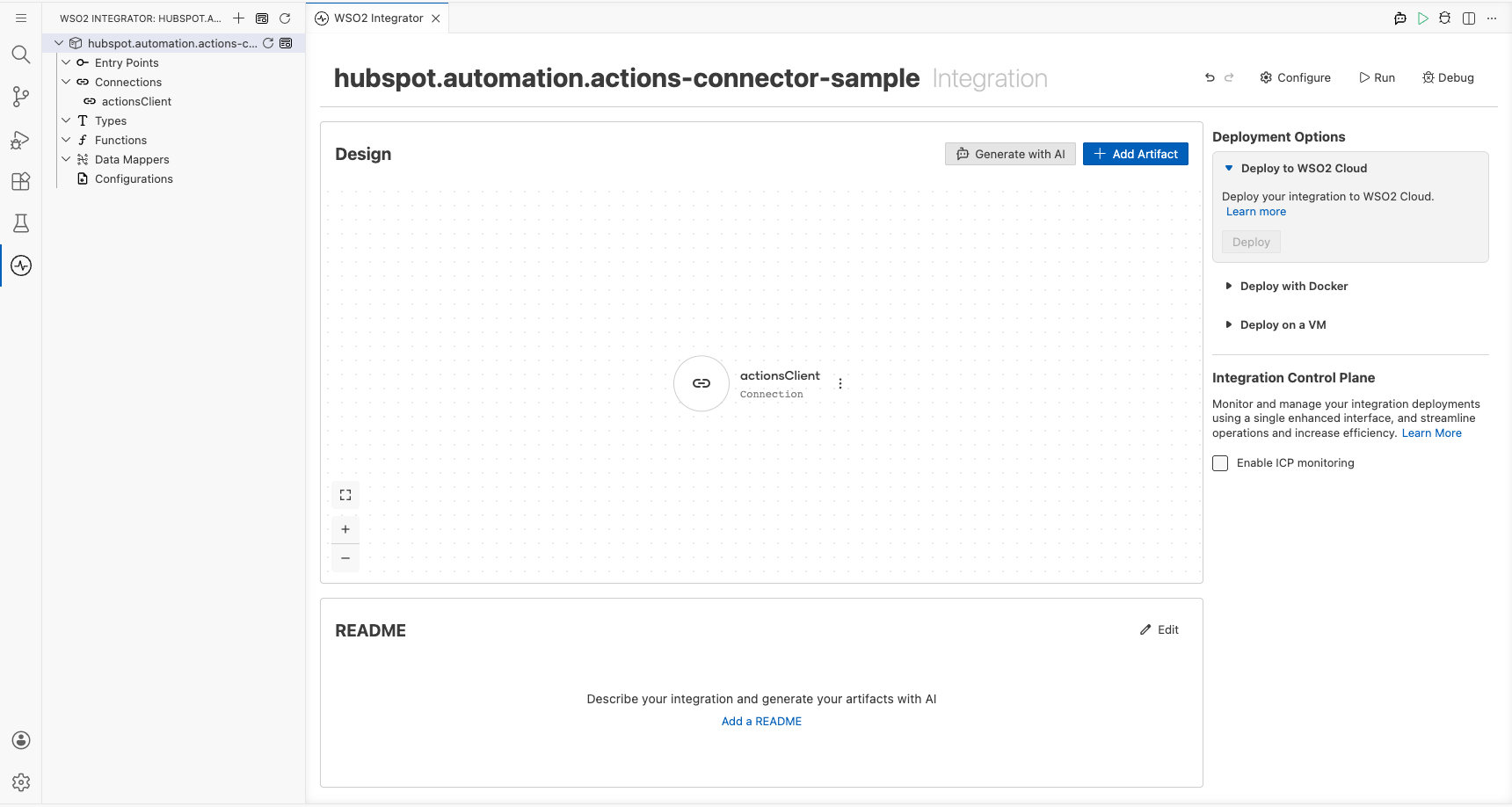 HubSpot Automation Actions Connections panel showing actionsClient entry after saving